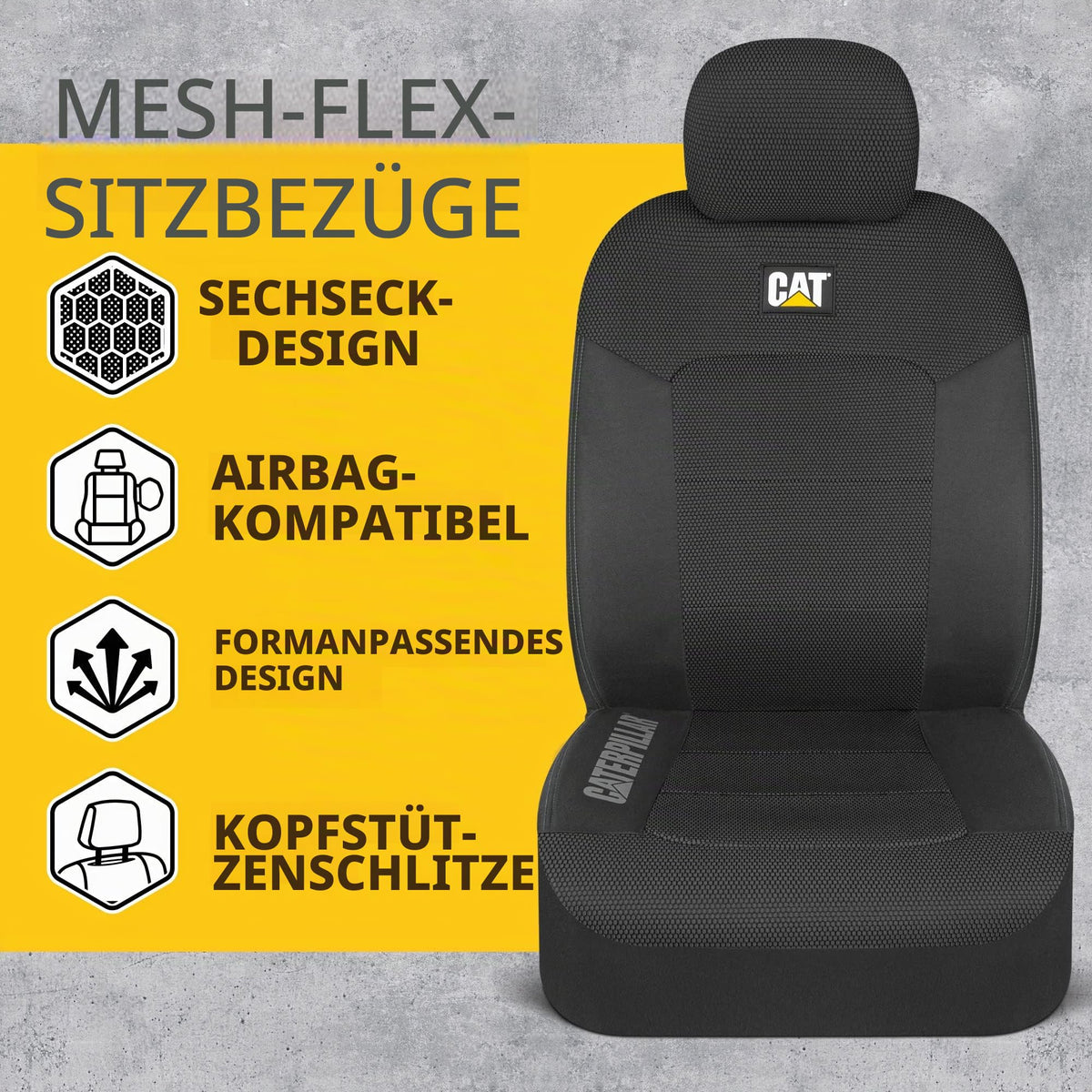 CAT Caterpillar MeshFlex Car Seat Covers for Cars, Trucks, and SUVs (2-piece set) - Black  
 Car seat covers for front seats, truck seat protectors with comfortable mesh back, car interior covers - CASC-2284-BK