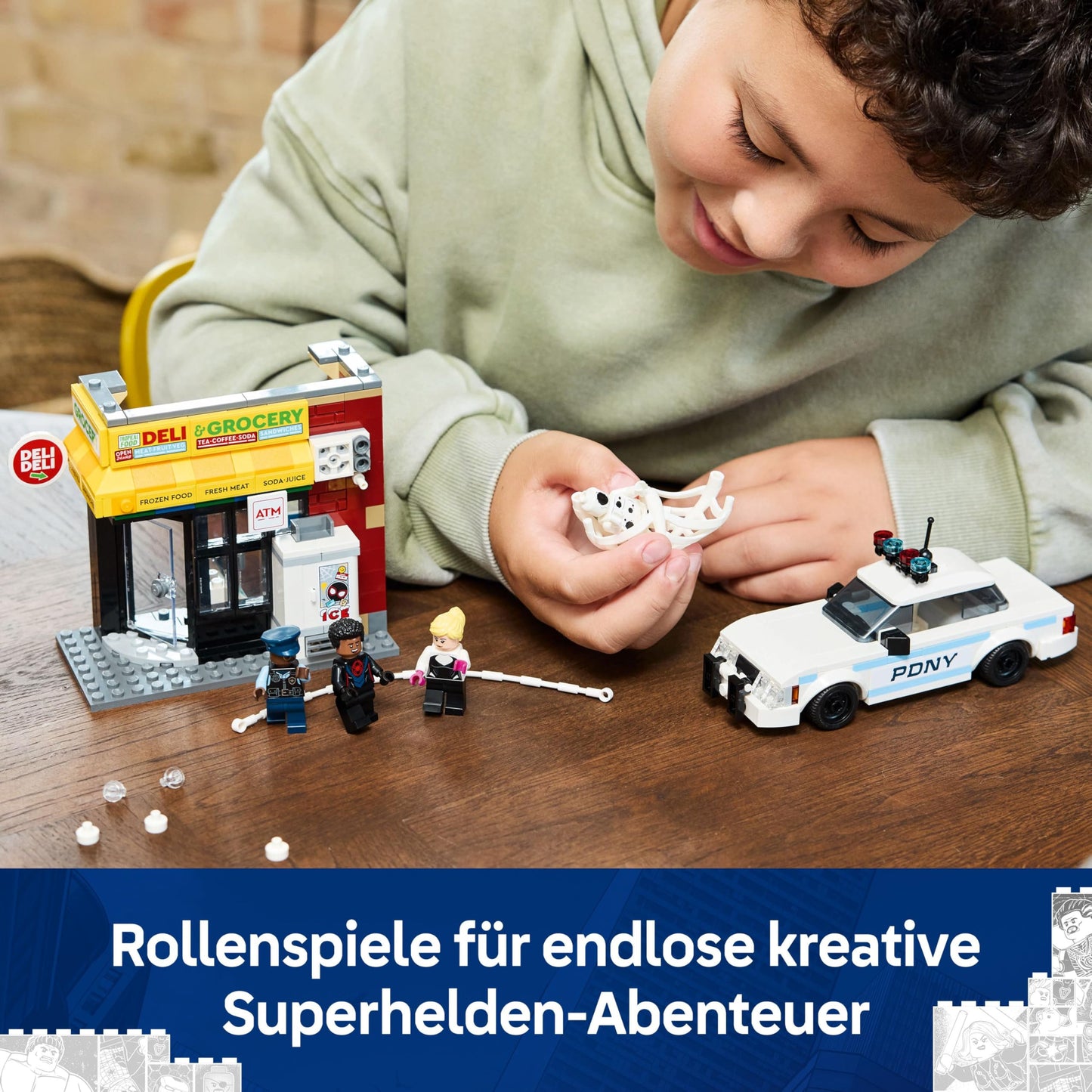 LEGO | Marvel Spider-Verse: Miles Morales vs. Spot - Superhero playset with toy car - 4 minifigures and mini market - Creative gift for boys and girls aged 9 and up - 76311