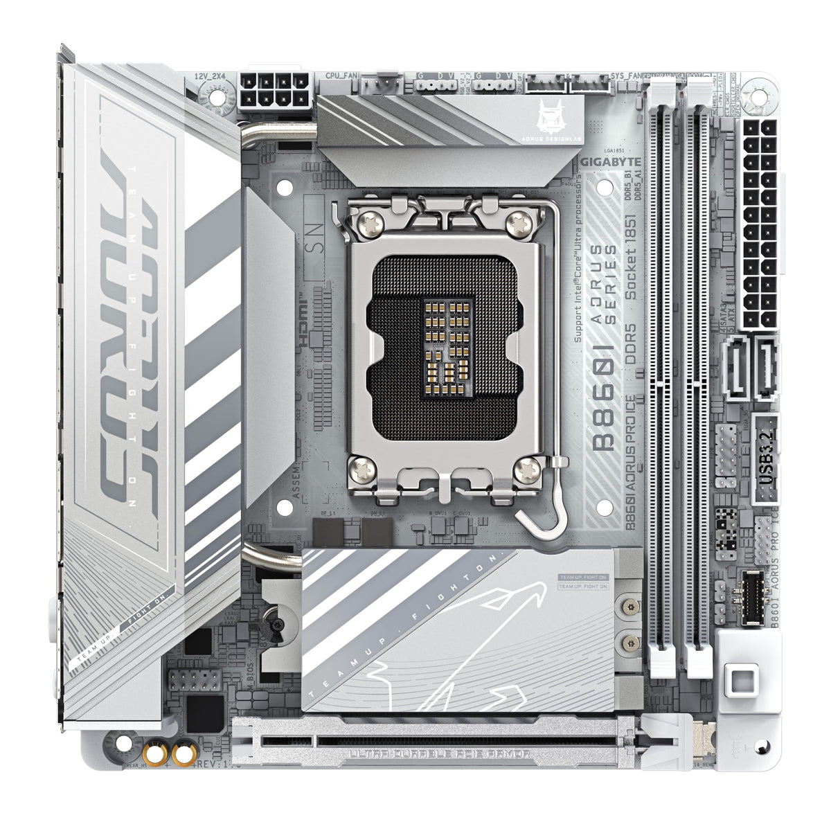 GIGABYTE B860I AORUS PRO Ice Placă de bază - procesoare Intel Core Ultra, 8+1+2+1 faze VRM, până la 9200MHz DDR5, 1xPCIe 5.0 + 1xPCIe 4.0 M.2, LAN 2,5 GbE, WiFi 7, Thunderbolt 4