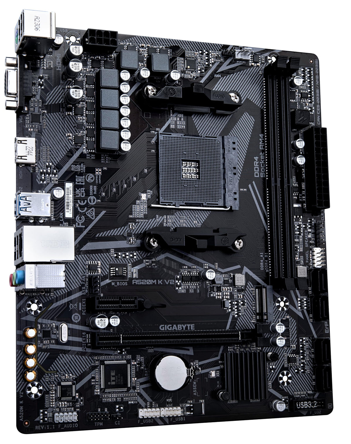 Placa de bază GIGABYTE A520M K V2 - Suportă procesoare AMD Ryzen 5000 serie AM4, până la 5100MHz DDR4 (OC), PCIe Gen3 x4 M.2, LAN GbE, USB 3.2 Gen 1