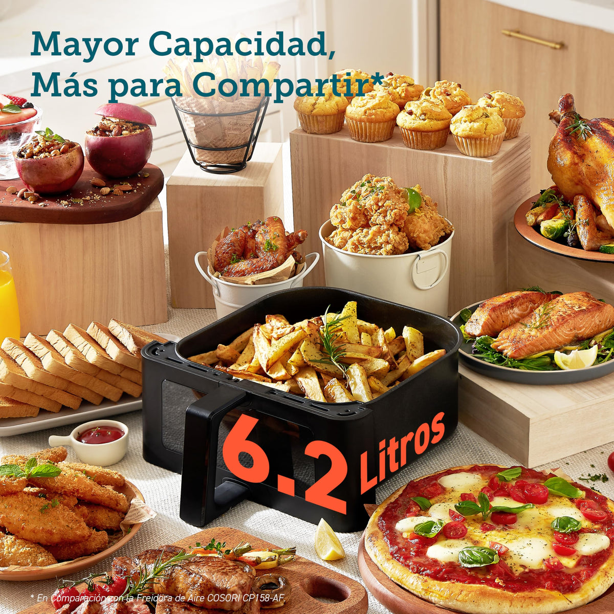 COSORI air fryer 6.2 liters with window, 1700 W, air fryer with 12 functions (baking and frying), one-touch display, time and temperature adjustable 75-205 ℃, 30 paper recipes & 50 online - CAF-P652-KEU