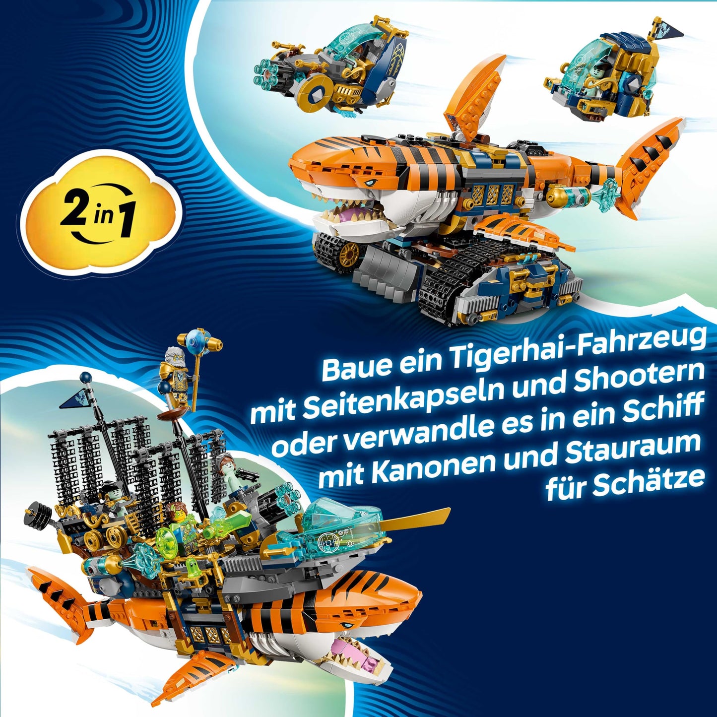 LEGO DREAMZzz 2in1 tiger shark vehicle - toy convertible into pirate ship with cannon - including 5 minifigures and 2 collectible treasure creatures - gift for boys aged 9 and up - 71515