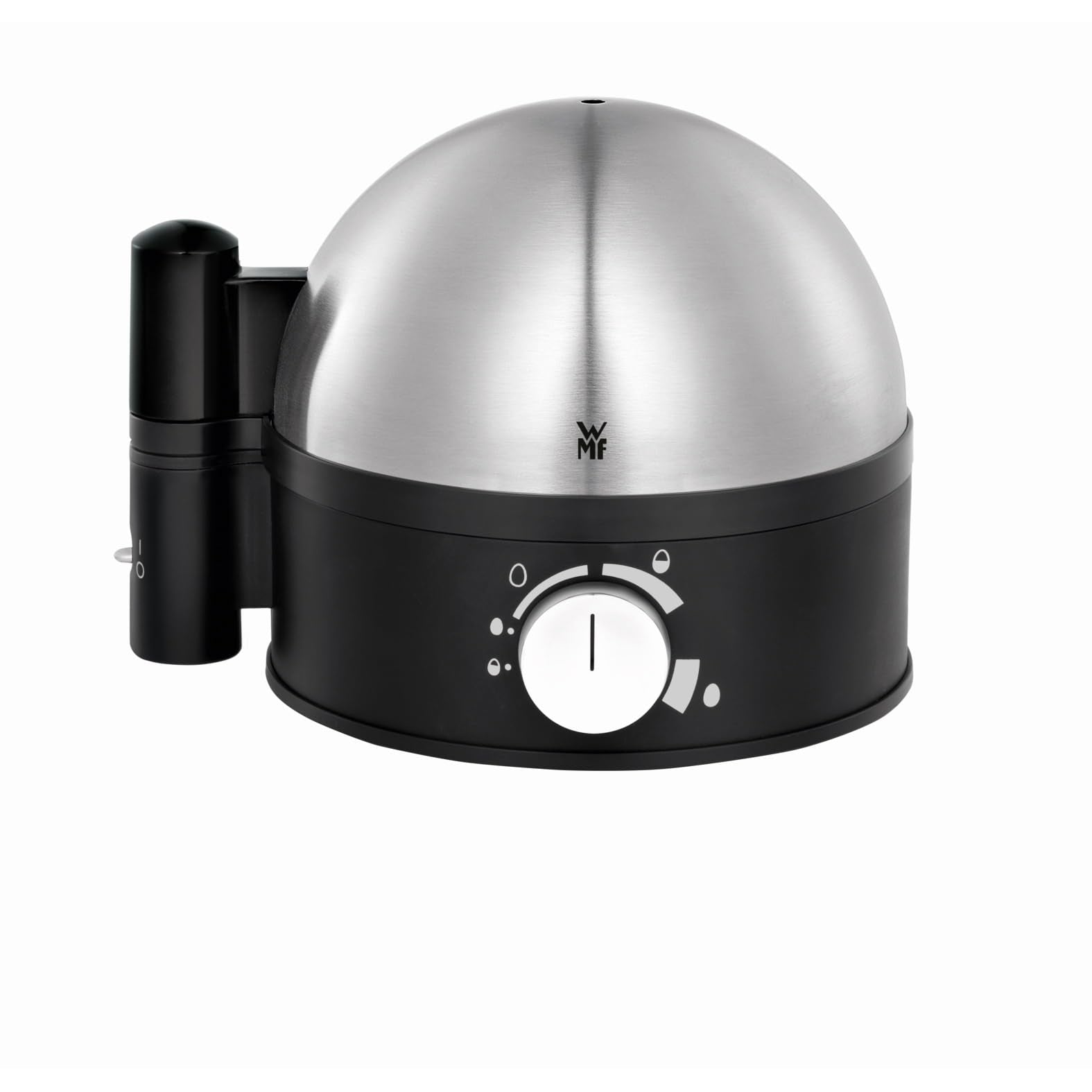 WMF Stelio egg cooker made of stainless steel, 1-7 eggs, newly developed technology for well-boiled eggs soft-medium-hard, easy hardness adjustment, 380 W power, including measuring cup with egg pick - 415070011