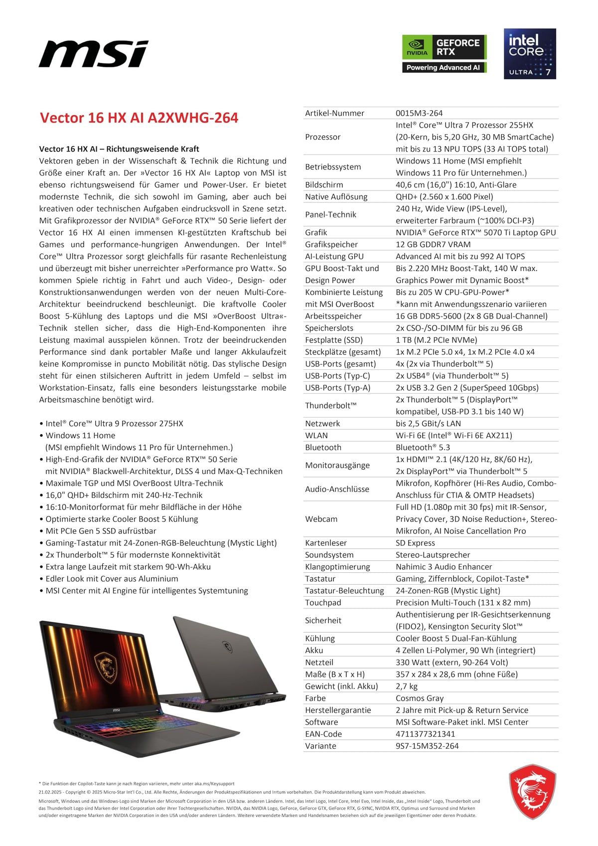 MSI Vector 16 HX AI Gaming Laptop, 16" QHD+ 240 Hz Display, Intel® Core™ Ultra 7 255HX, NVIDIA GeForce RTX 5070 Ti, 16 GB RAM, 1 TB SSD, Windows 11 Home, QWERTZ Keyboard, Cosmos Gray, A2XWHG-264 - 0015M3-264