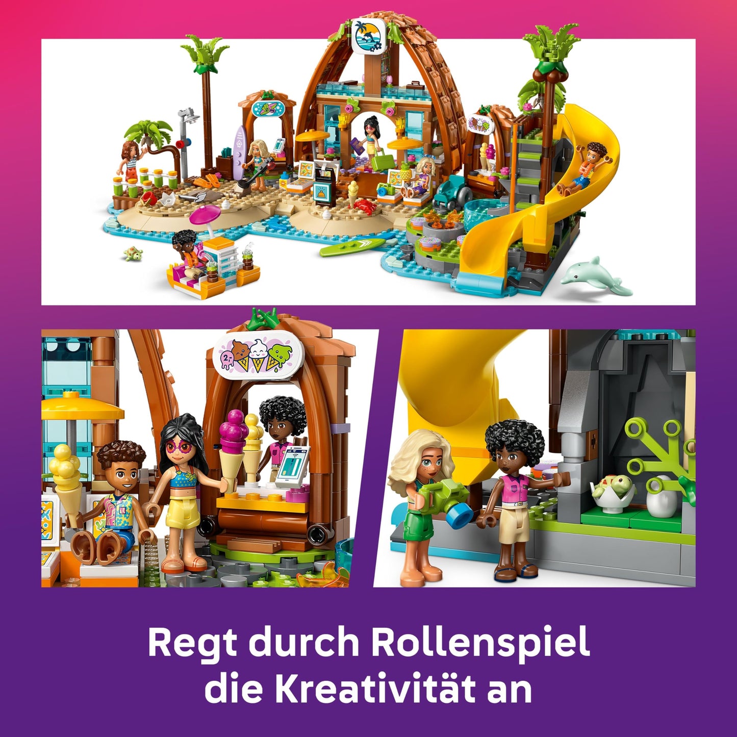 LEGO Friends Family Vacation at the Beach Resort - Toy with 6 mini-dolls, turtle and dolphin figures, ice cream parlor and accessories - Children's gift for girls aged 8 and up - 42673