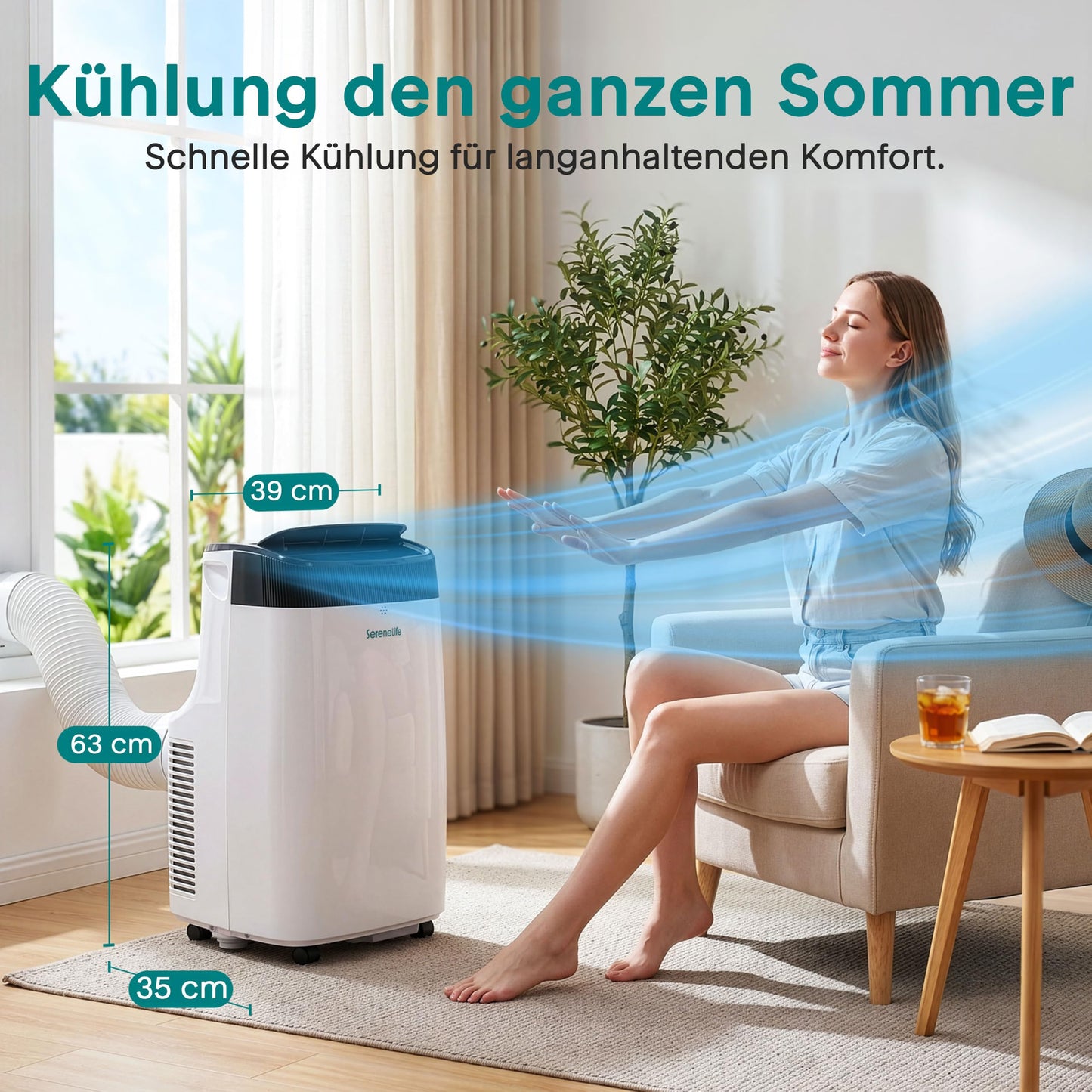 SereneLife Mobile Air Conditioner 4 kW 9000 BTU - L52 dB Quiet air conditioner for bedrooms up to 20 m², pleasant cooling on hot days, with dehumidifier, fan & remote control - SLPAC9EU