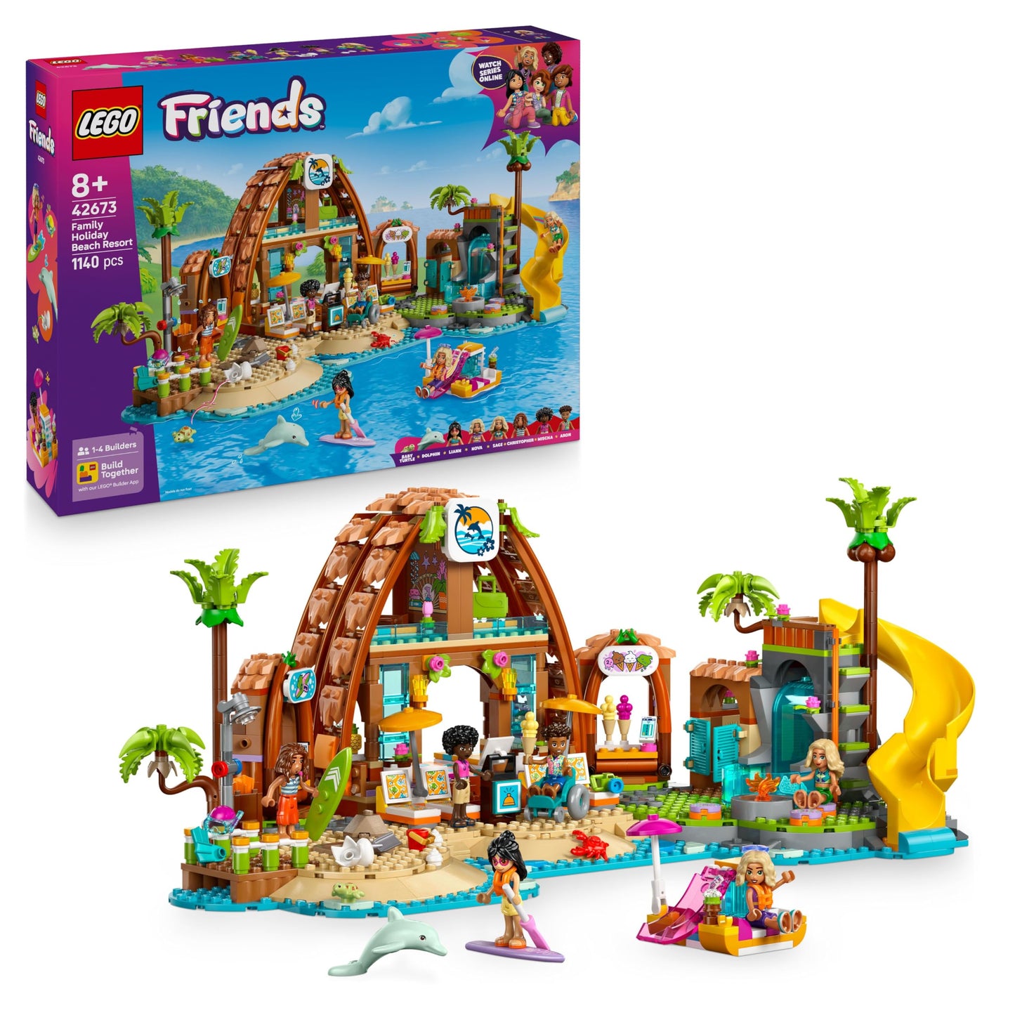 LEGO Friends Family Vacation at the Beach Resort - Toy with 6 mini-dolls, turtle and dolphin figures, ice cream parlor and accessories - Children's gift for girls aged 8 and up - 42673