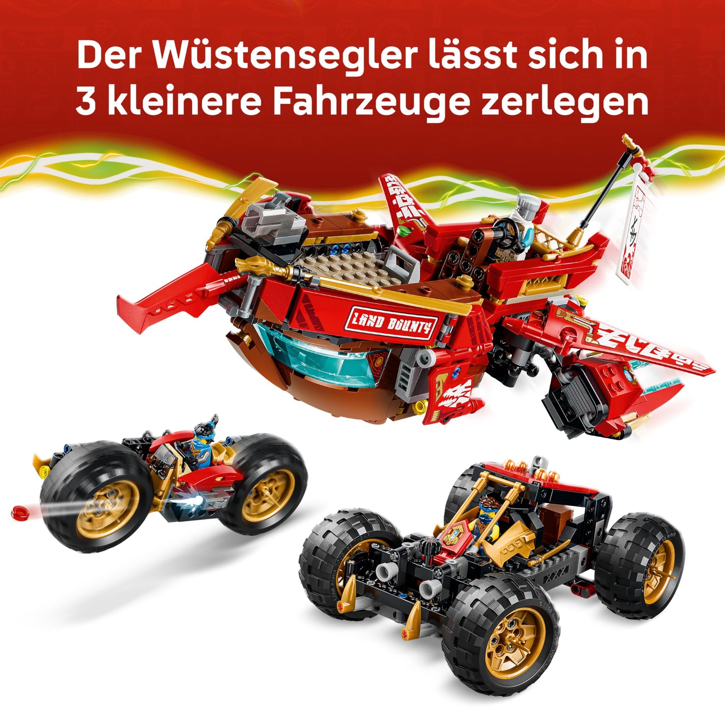LEGO NINJAGO Desert Sailor - 3-in-1 ninja playset, convertible into flying boat, car & motorcycle - including 6 minifigures - gift idea for boys aged 9 and up and Dragons Rising fans - 71869