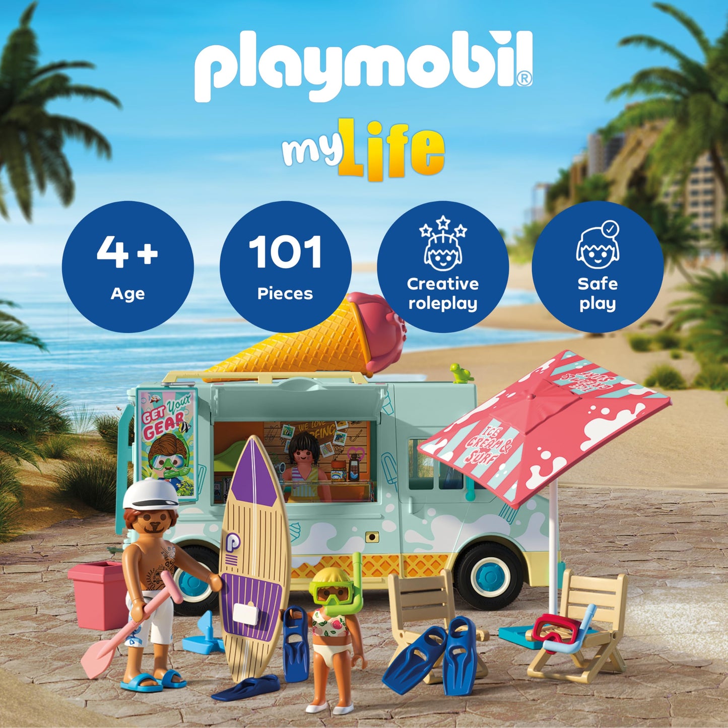 PLAYMOBIL | Vacation on the Beach | Ice Cream Truck with Surf Shop | Toys for ages 4+ | Gift for children | Promotes creativity & role play | Beach adventure with figures & vehicle | 71904