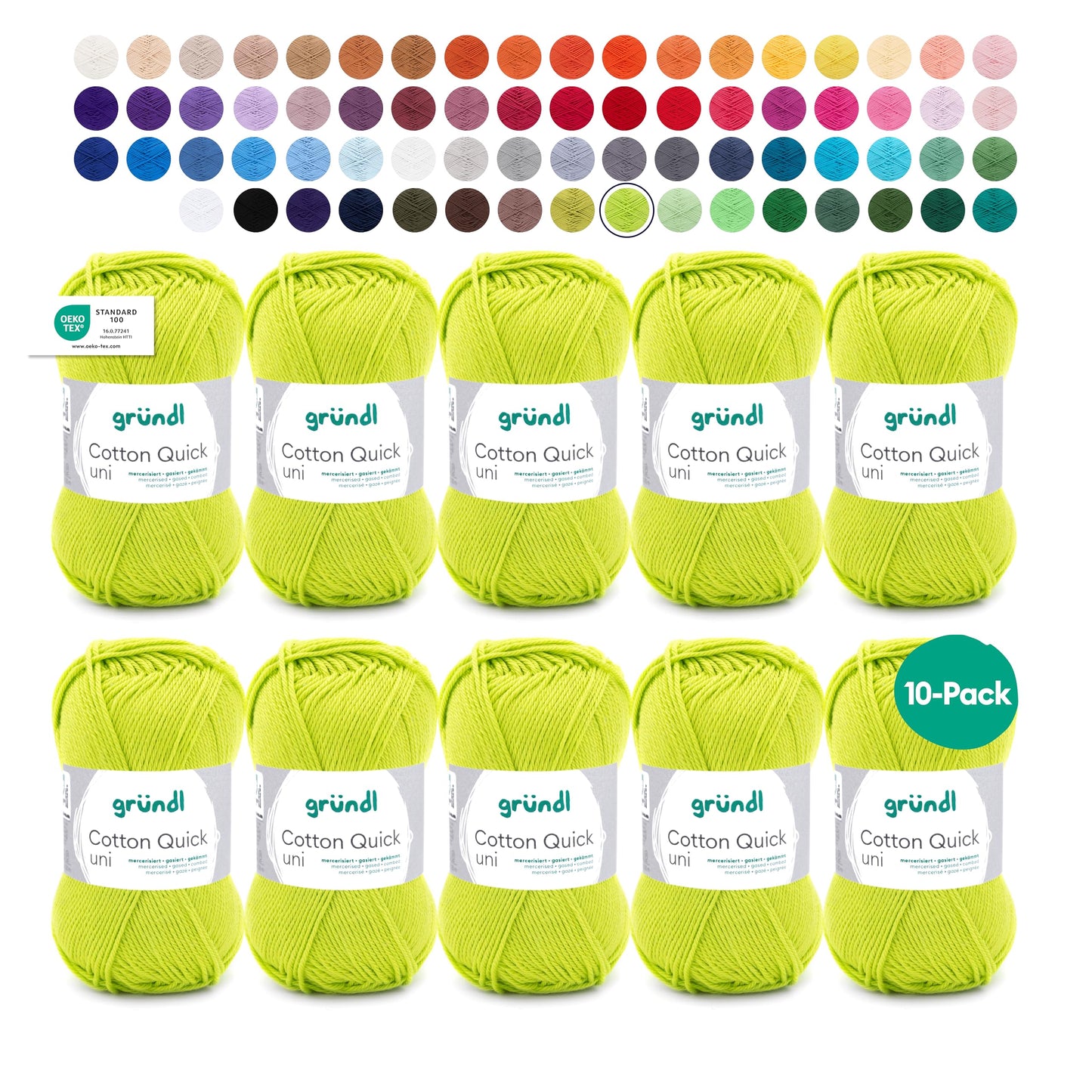 Gründl Wolle Cotton Quick uni - thin wool for crocheting - knitting yarn - crochet yarn - shiny and skin-friendly - 100% cotton - 10 balls 50 g / 125 m - needle size 3-4 - light green - 865-144