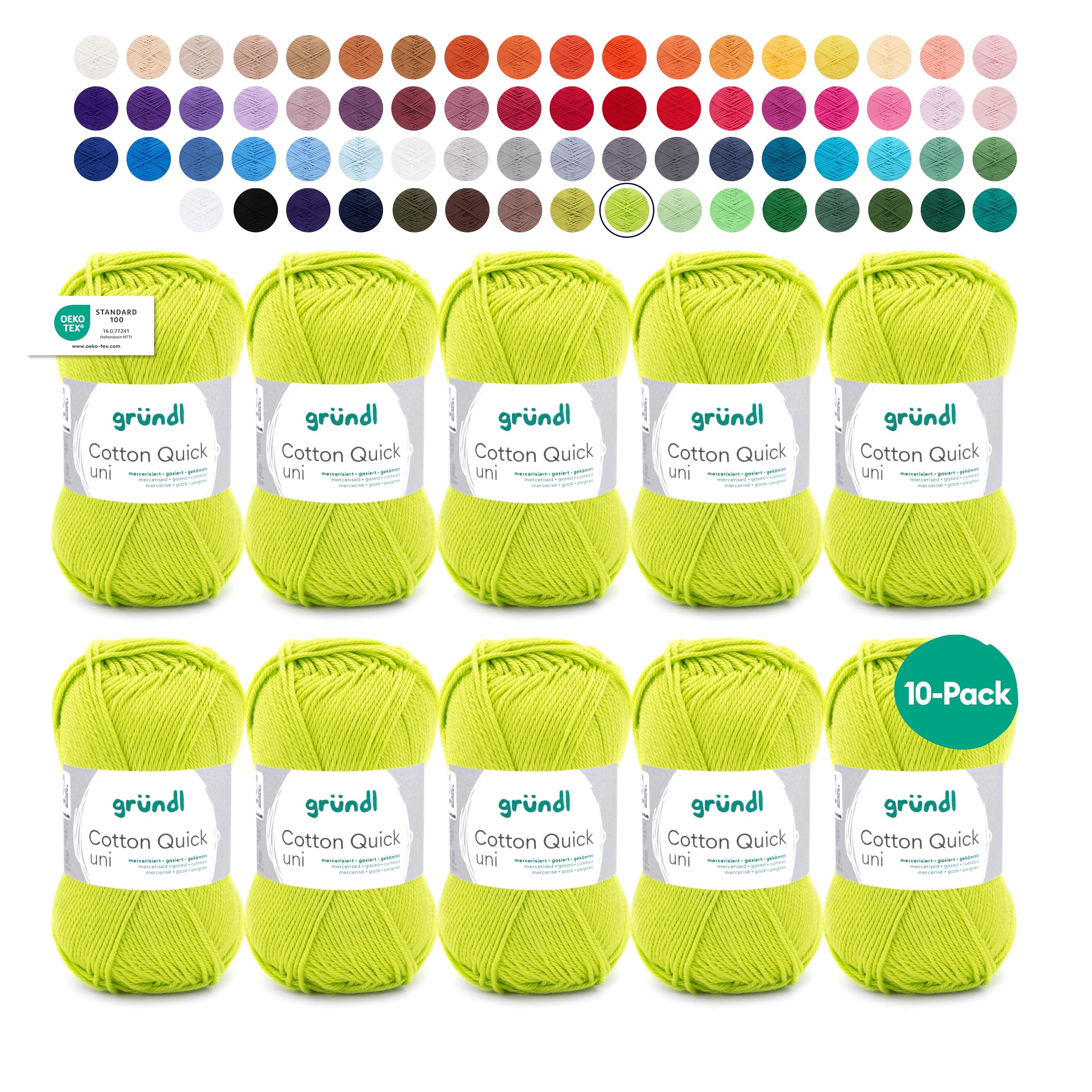 Gründl Wolle Cotton Quick uni - thin wool for crocheting - knitting yarn - crochet yarn - shiny and skin-friendly - 100% cotton - 10 balls 50 g / 125 m - needle size 3-4 - light green - 865-144