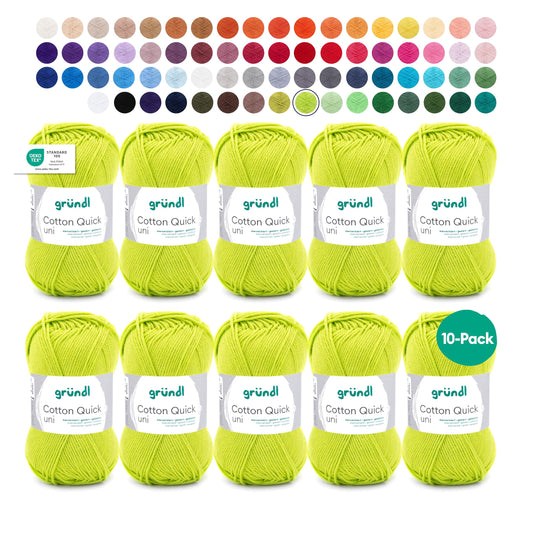 Gründl Wolle Cotton Quick uni - thin wool for crocheting - knitting yarn - crochet yarn - shiny and skin-friendly - 100% cotton - 10 balls 50 g / 125 m - needle size 3-4 - light green - 865-144