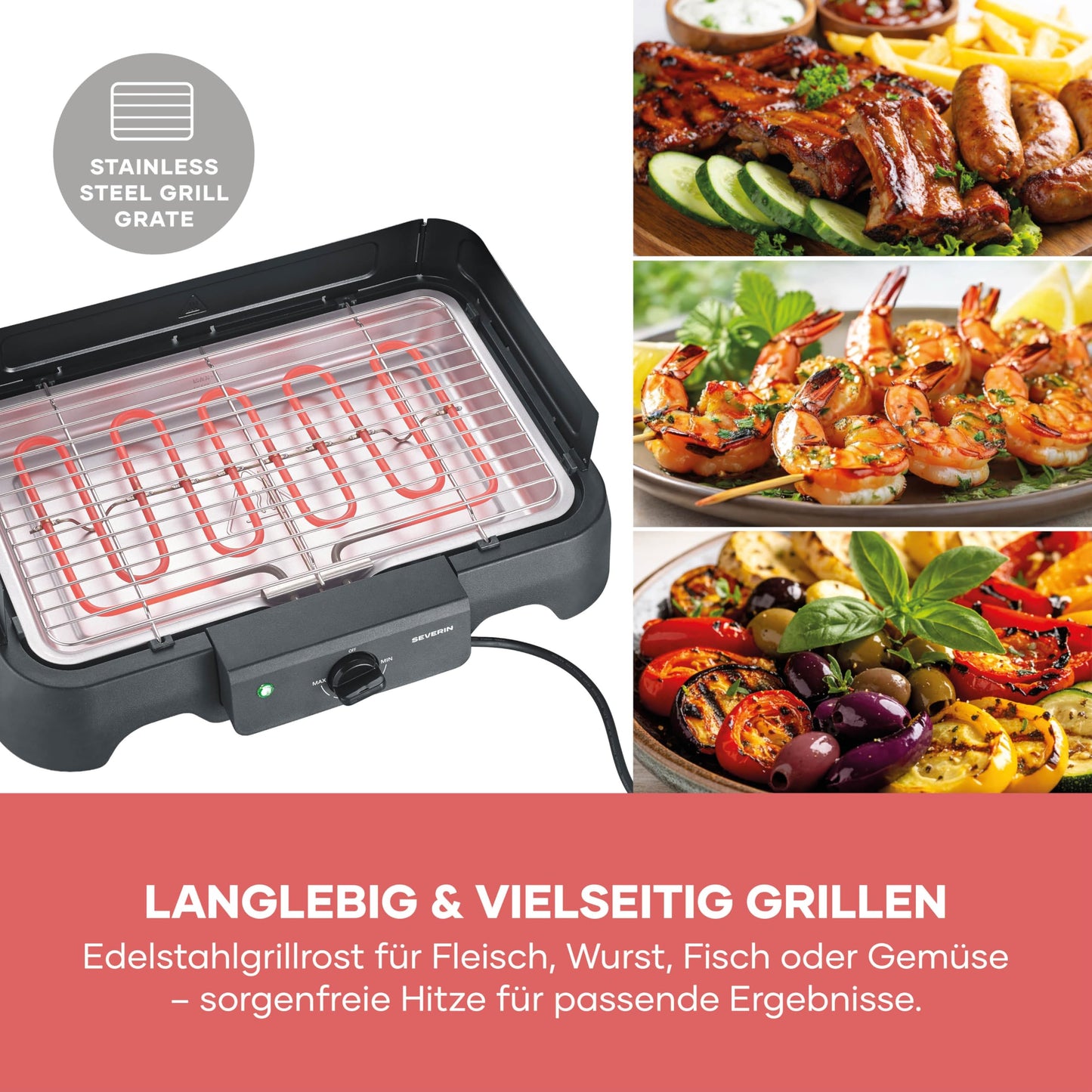 Severin electric grill, temperatures 35-200 degrees Celsius, quick heating, 38x22 cm, table grill with drip tray, stainless steel grill, balcony grill, easy to clean, 2000W, black, PG 8593