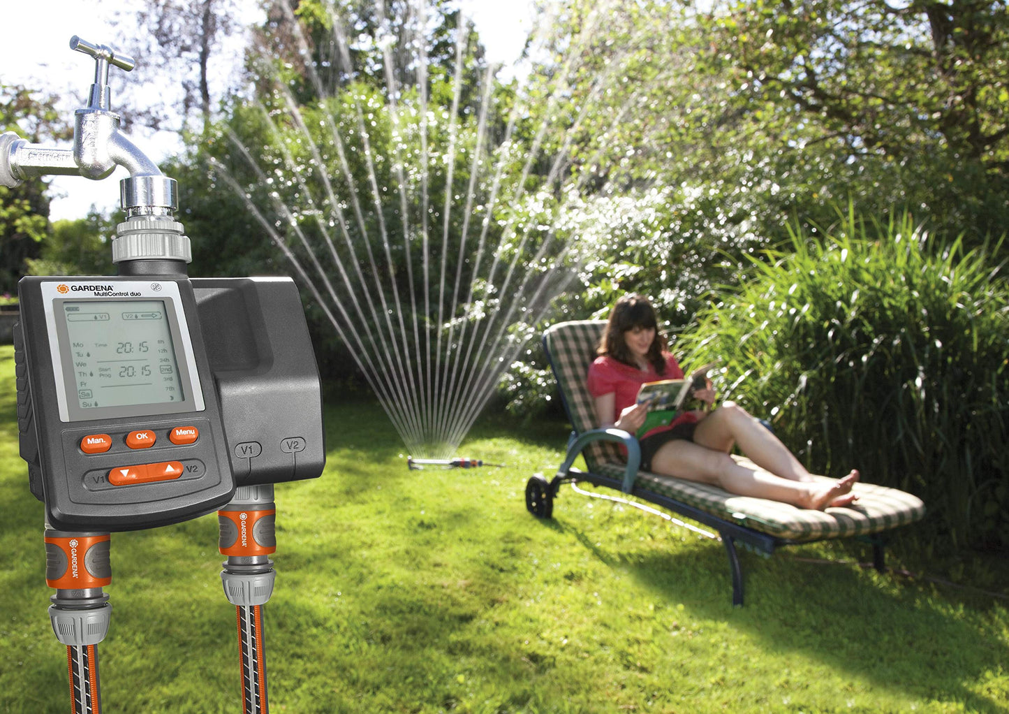 Gardena irrigation computer MultiControl Duo: automatic irrigation control, days of the week programmable, up to 3 irrigations per day, with LC display (1874-20) - 01874-20