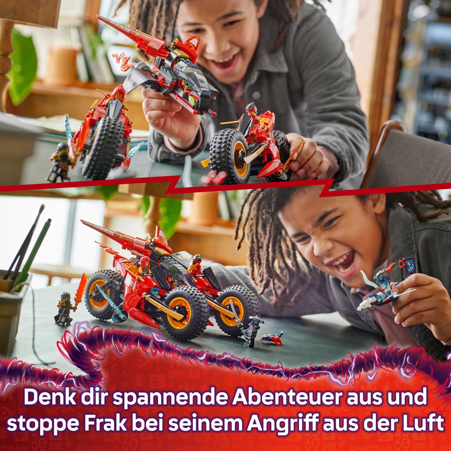 LEGO NINJAGO Ninja Action Speedster - 3-in-1 toy with 2 ninja bikes, 1 jet and 6 minifigures, including Kai and Frak - Rise of the Dragons Gift for boys aged 8 and up - 71844