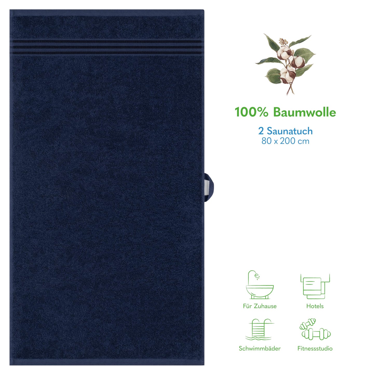 Hammetex sauna towels 80x200 cm set of 2 - extra large shower towels - 100% cotton terry - Oeko-TEX certified - soft, absorbent - with hanger, dark blue - RN335