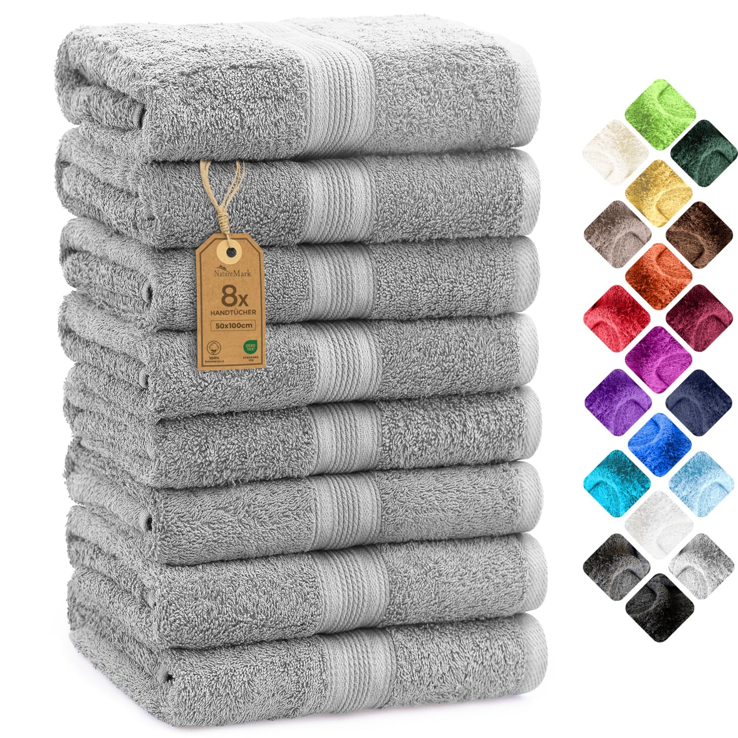 NatureMark 8 towel set - 100% cotton - absorbent and durable towels, size 50×100cm, silver gray - 8er_silber