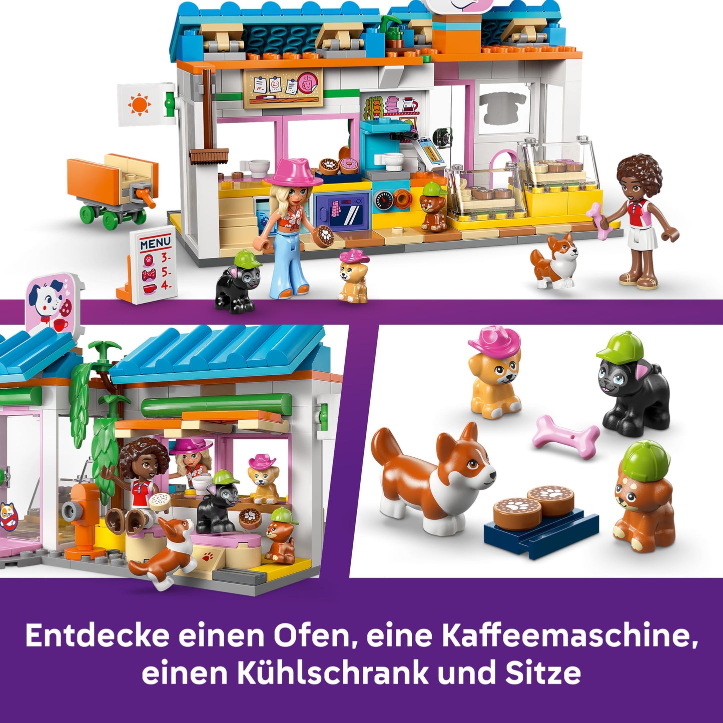 LEGO Friends dog cake bakery - children's shop with 2 mini dolls, 4 animal figures, animal carrier bag and toy food accessories - birthday gift for girls aged 6 and over - 42677
