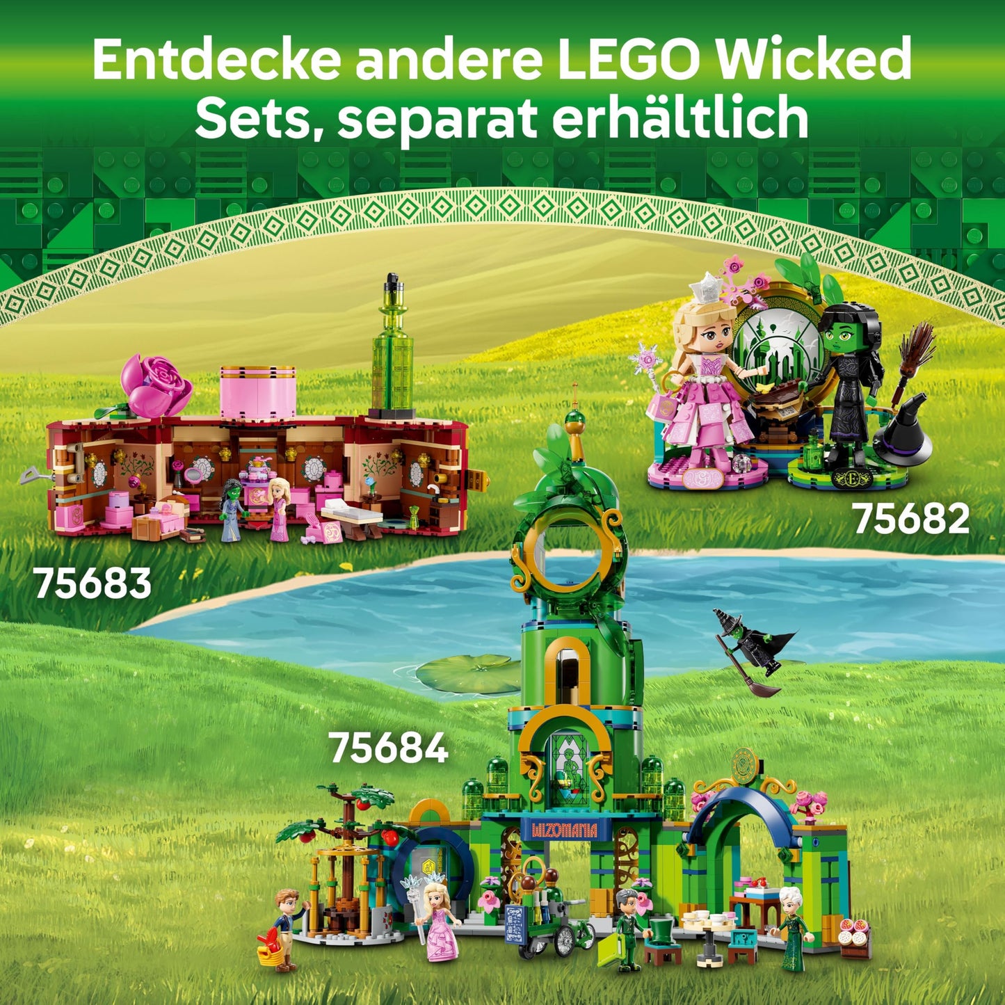 LEGO Wicked Glinda, Elphaba and Nessarose at Shiz University - toy with boat, 3 minifigures and fun accessories - birthday gift for girls and boys aged 7 and up and film fans - 75681