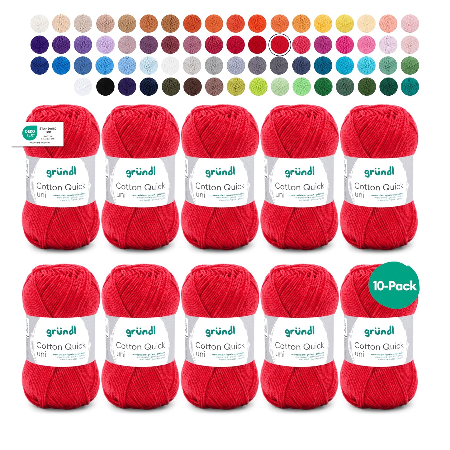 Gründl Wolle Cotton Quick uni - thin wool for crocheting - knitting yarn - crochet yarn - shiny and skin-friendly - 100% cotton - 10 balls 50 g / 125 m - needle size 3-4 - fire red - 865-156