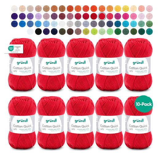 Gründl Wolle Cotton Quick uni - thin wool for crocheting - knitting yarn - crochet yarn - shiny and skin-friendly - 100% cotton - 10 balls 50 g / 125 m - needle size 3-4 - fire red - 865-156