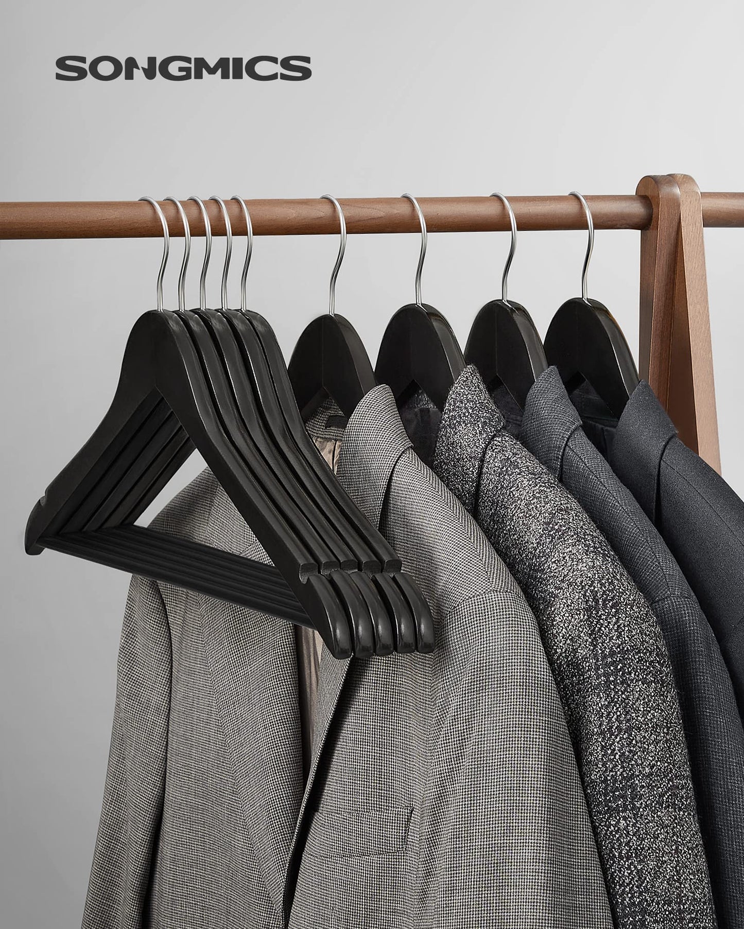 SONGMICS wooden clothes hangers, set of 50, hangers made of solid wood, notches in the shoulder area, non-slip trouser bar, 360° rotating hook, for suits, shirts, black-silver CRW02B-50