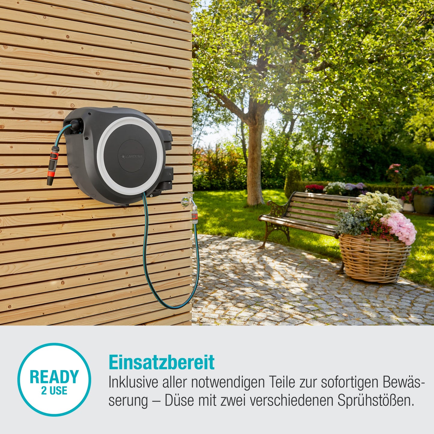 Gardena wall hose box RollUp L (white) 30 m exclusively for Amazon: Swivel hose box, integrated hose guide, incl. 30 m Gardena quality hose, cleaning syringe and shower (18627-38)