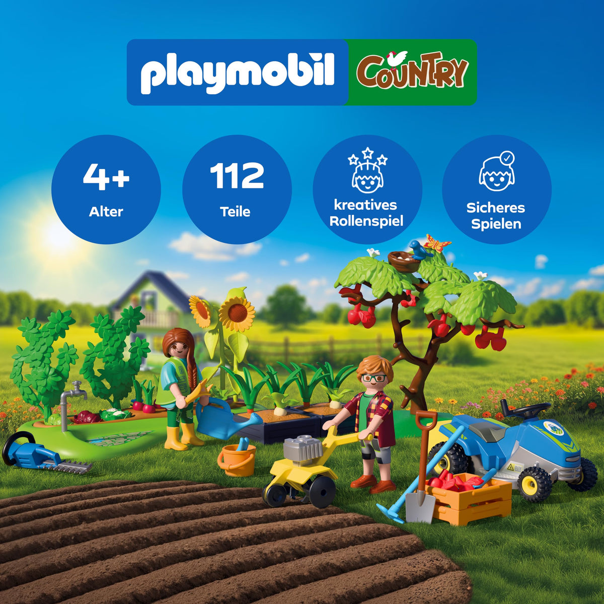 PLAYMOBIL | Țară | Grădină idilică cu legume | Set de grădină cu mașină de tuns iarba cu scaun, legume comestibile și multe accesorii | Pentru copii de la 4 ani | 72165