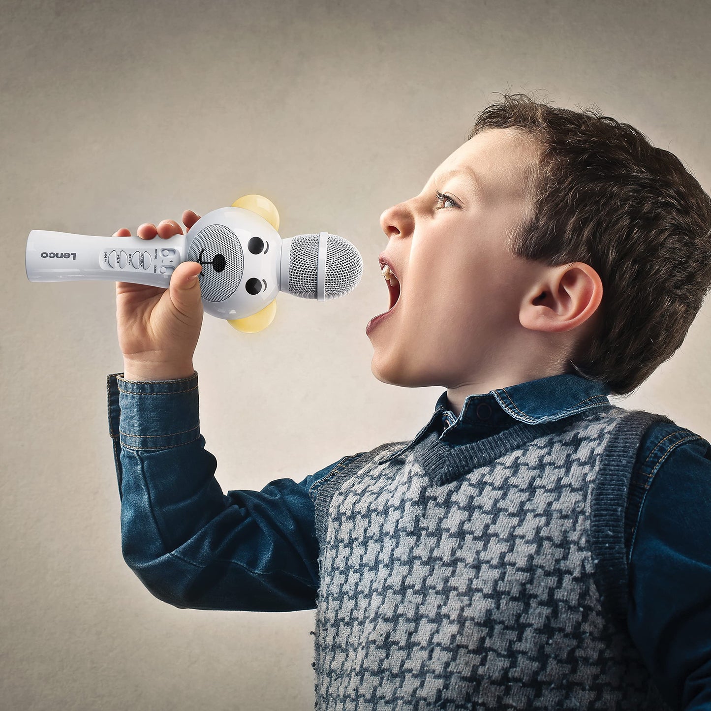Lenco BMC-060 Karaoke Microphone for Children - Bluetooth V5.0 - With Smartphone Holder - 5 Watt RMS - LED Light Effects - Integrated Battery with 1200mAh - Android and iOS - White - BMC-060WH