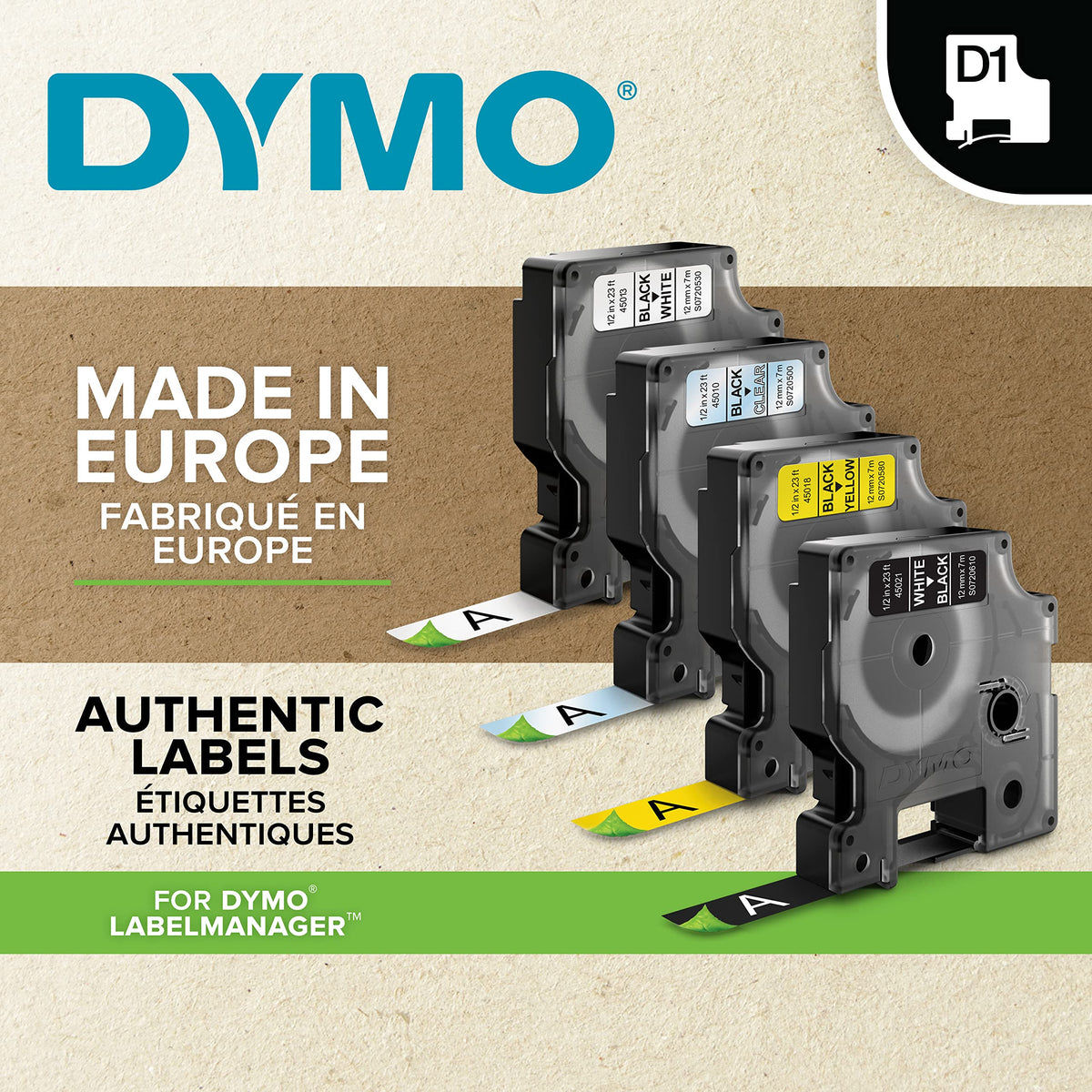 DYMO Original D1 Label Tape | black on white | 12mm x 7m | self-adhesive labeling tape | for LabelManager labeling device | 4 D1 label cassettes - 2150471