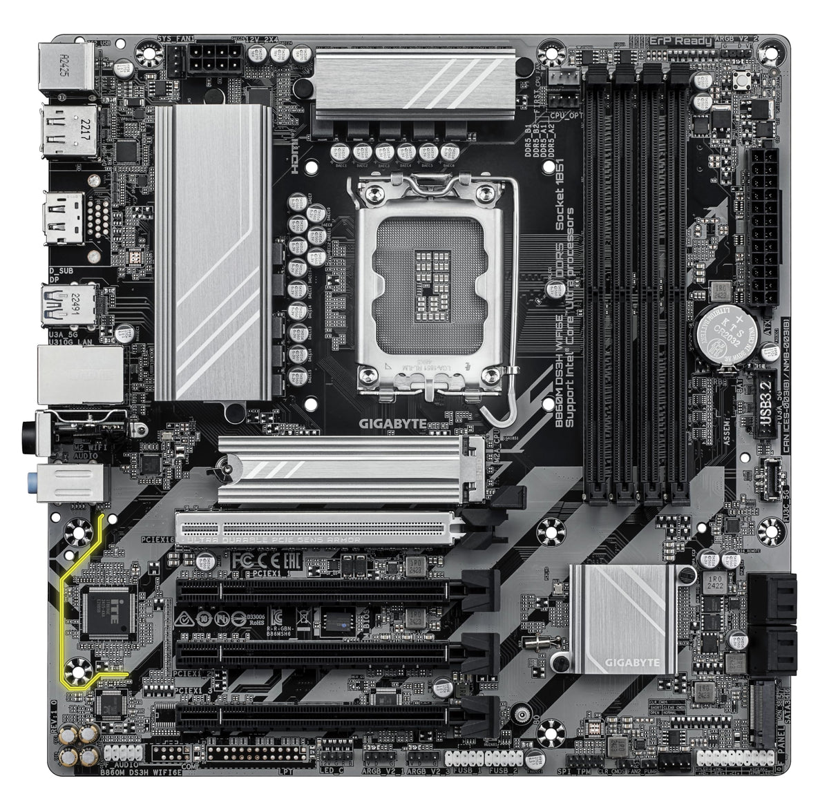 Placa de bază GIGABYTE B860M DS3H WIFI6E - procesoare Intel Core Ultra, VRM cu 5+1+2+1 faze, până la 9066MHz DDR5, 1xPCIe 5.0 + 1xPCIe 4.0 M.2, LAN 2,5 GbE, WiFi 6E, USB 3.2 Gen 2