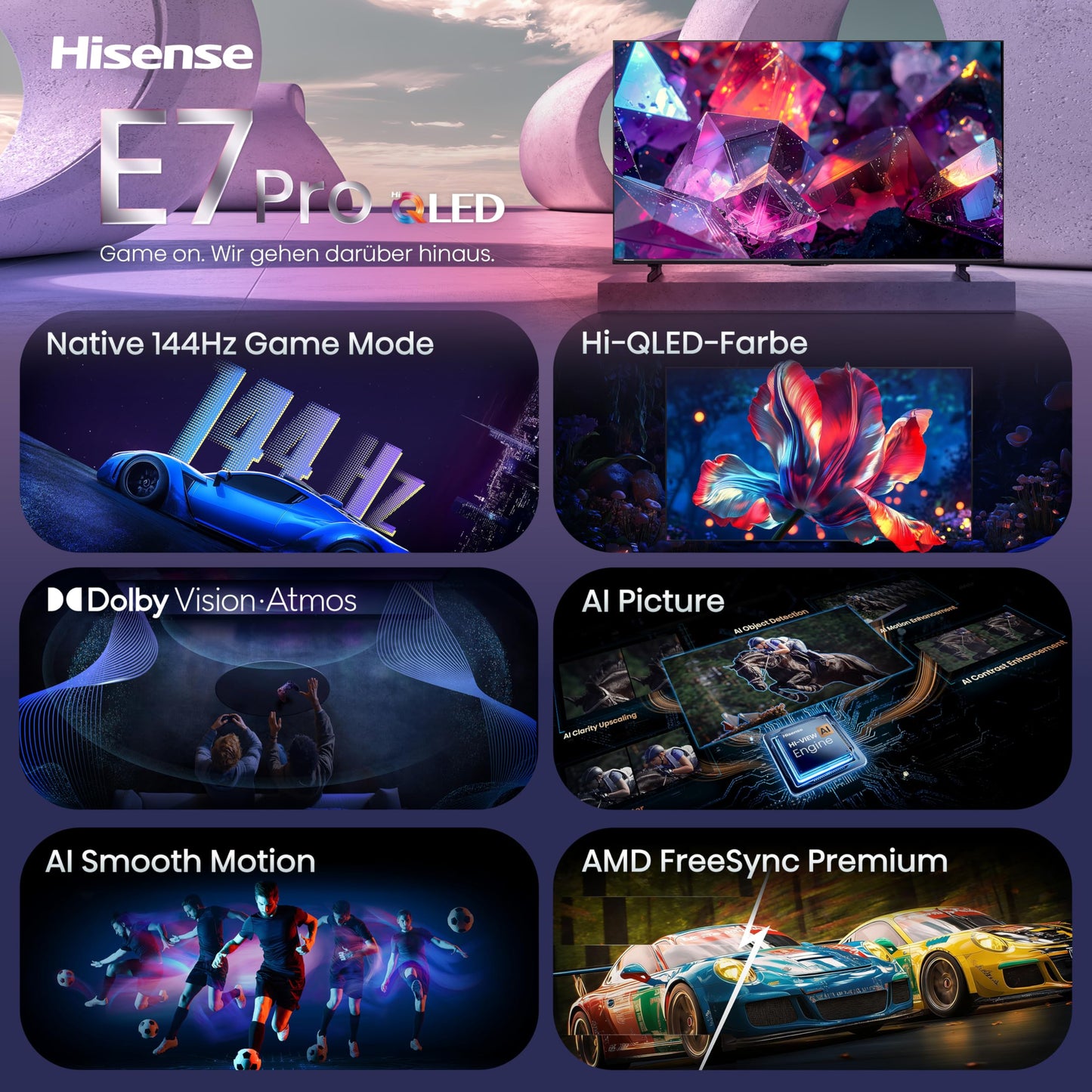 Hisense 65E7DS PRO TV 65 inch, 4K UHD QLED, Smart TV, Hi-Concerto, 144Hz Game Mode, Hi-QLED Colour, Dolby Vision.Atmos, Filmmaker Mode, Dolby Audio, DTS Virtual: X, FreeSync Premium [2026]
