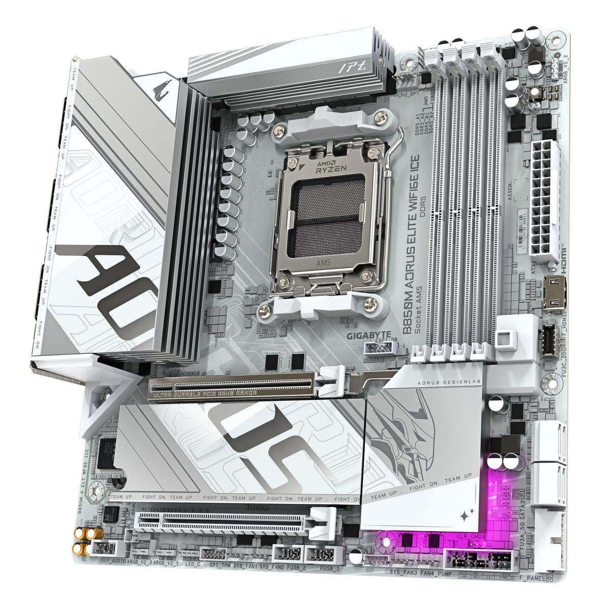 GIGABYTE B850M AORUS Elite WIFI6E Ice Motherboard - Compatible with AMD Ryzen 9000 Series CPUs, featuring a 12+2+1 Phase Digital VRM, supports up to 8200MHz DDR5 (OC), 1x PCIe 5.0 + 1x PCIe 4.0 M.2, 2.5 LAN, WiFi 7, USB 3.2 Gen 2.