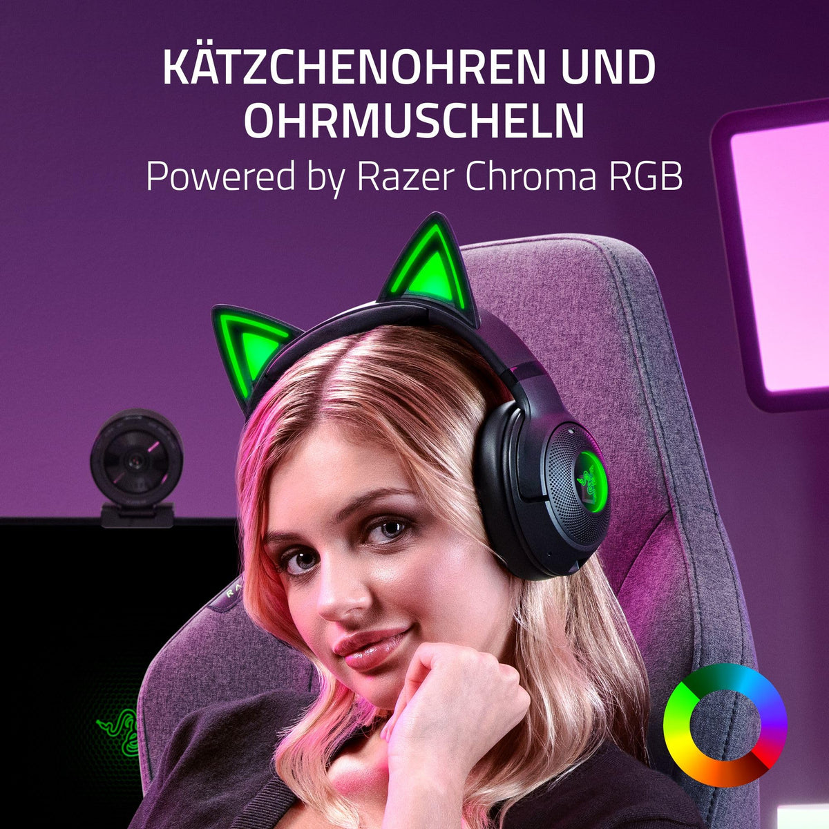 Razer Kraken Kitty V2 BT - Wireless Bluetooth RGB headset with kitty ears for gaming and streaming (325g, Triforce 40mm drivers, Bluetooth 5.2, noise-cancelling mic, 40 hours battery life) Black - RZ04-04860500-R3M1