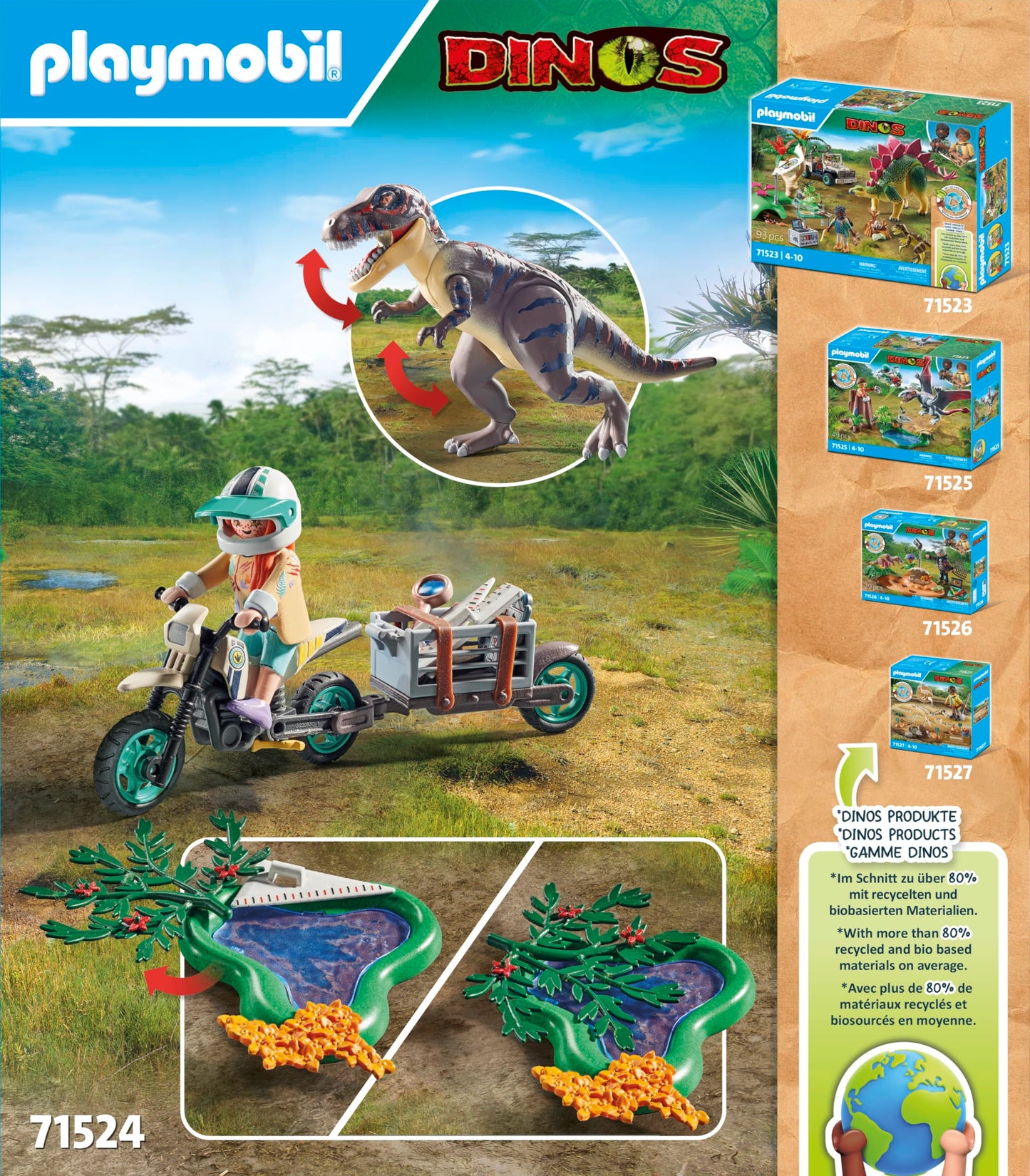 PLAYMOBIL Dinos 71524 T-Rex Tracking, exciting search for the Tyrannosaurus Rex, with motorcycle, camera and real dinosaur bones, sustainable toy for children aged 4 and over