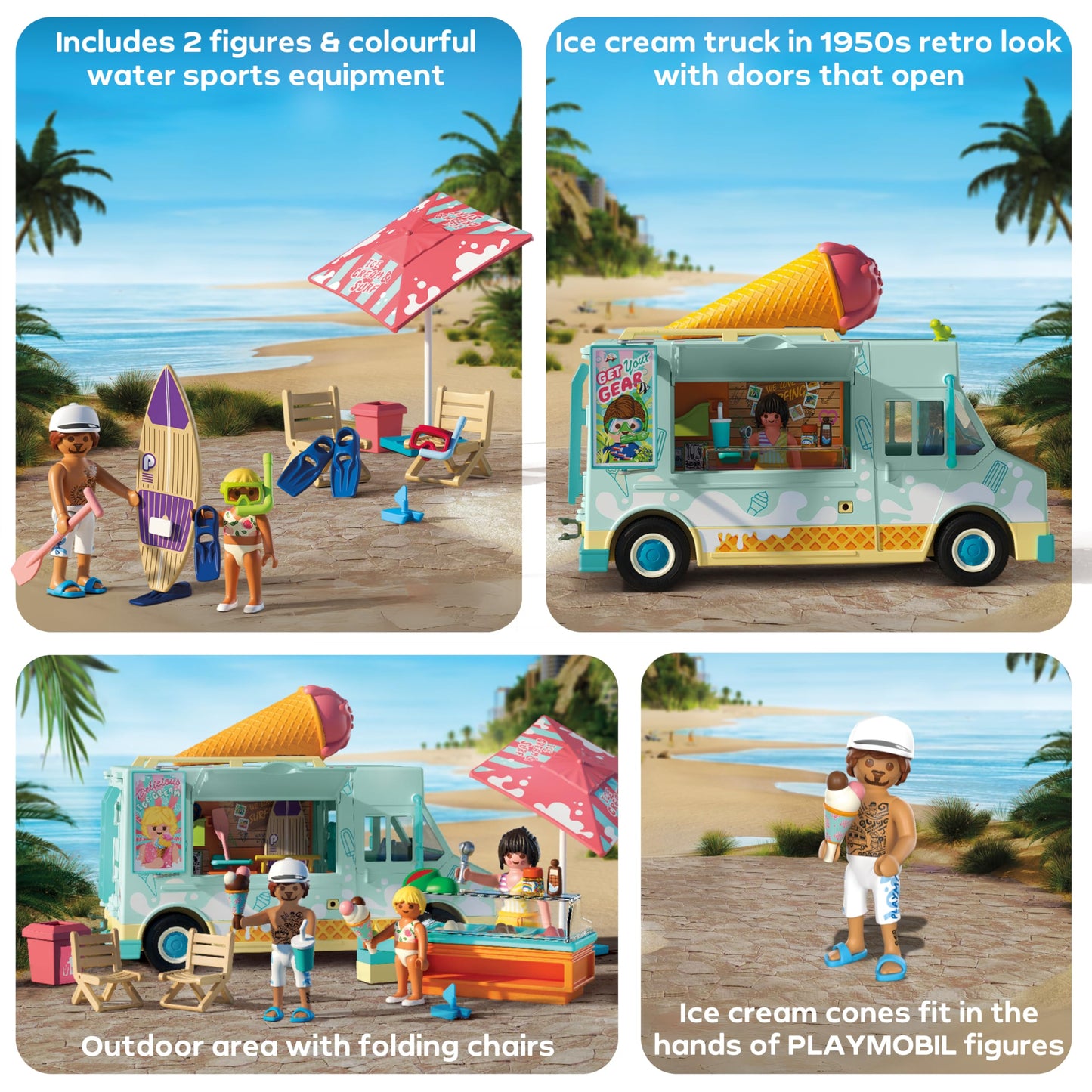 PLAYMOBIL | Vacation on the Beach | Ice Cream Truck with Surf Shop | Toys for ages 4+ | Gift for children | Promotes creativity & role play | Beach adventure with figures & vehicle | 71904