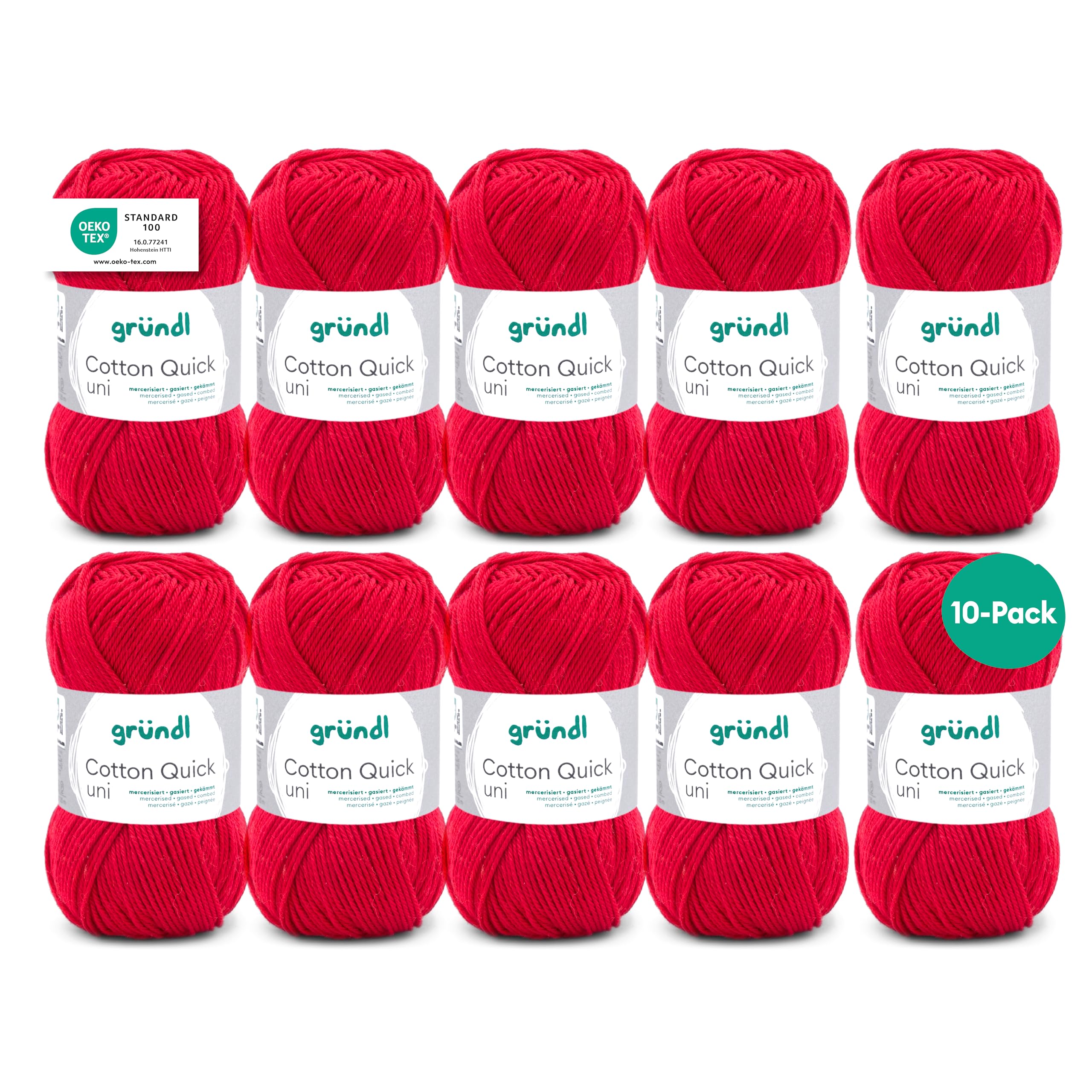 Gründl Wolle Cotton Quick uni - thin wool for crocheting - knitting yarn - crochet yarn - shiny and skin-friendly - 100% cotton - 10 balls 50 g / 125 m - needle size 3-4 - red - 865-147