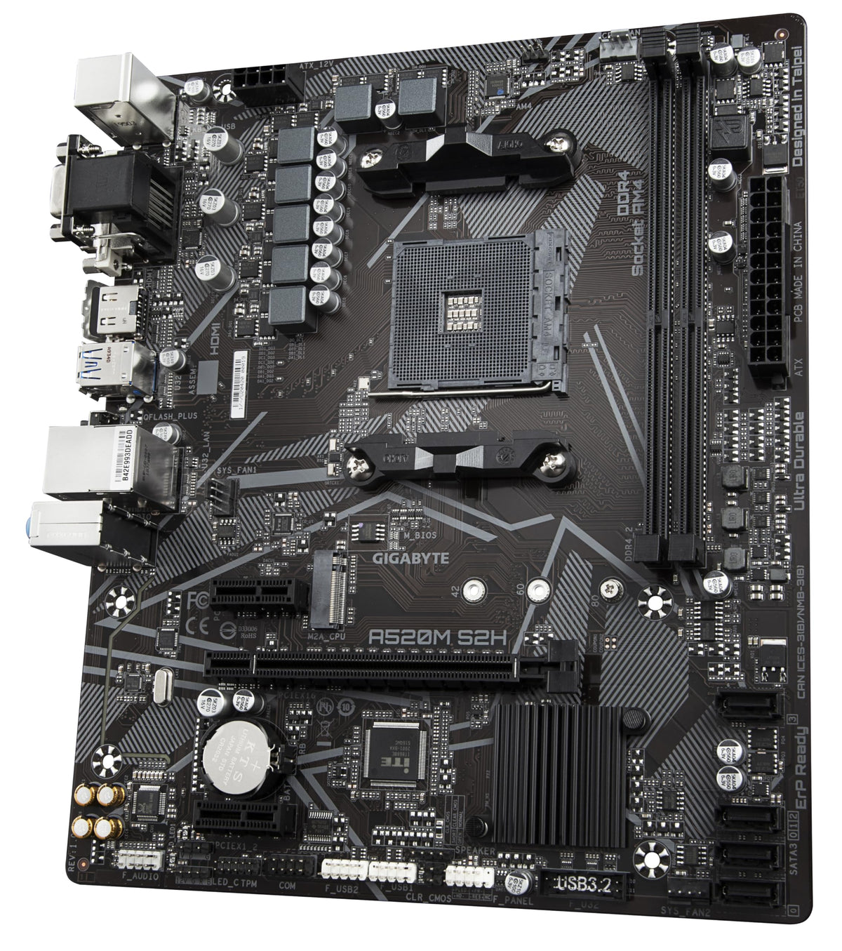 Placa de bază GIGABYTE A520M S2H - Suportă procesoare AMD Ryzen 5000 serie AM4, VRM digital pur de 4+3 faze, până la 5100MHz DDR4 (OC), PCIe 3.0 x4 M.2, LAN GbE, USB 3.2 Gen 1