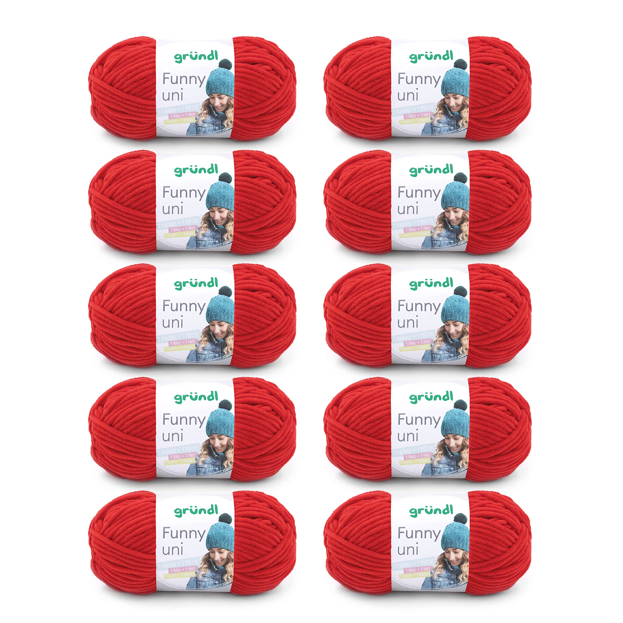Gründl Wolle Funny uni - lână moale tip chenille pentru croșetat - pufoasă și delicată cu pielea - 100% poliester - 10 sculuri 100 g / 120 m - mărime croșetă/andrele 5-6, cireașă - 3442-11