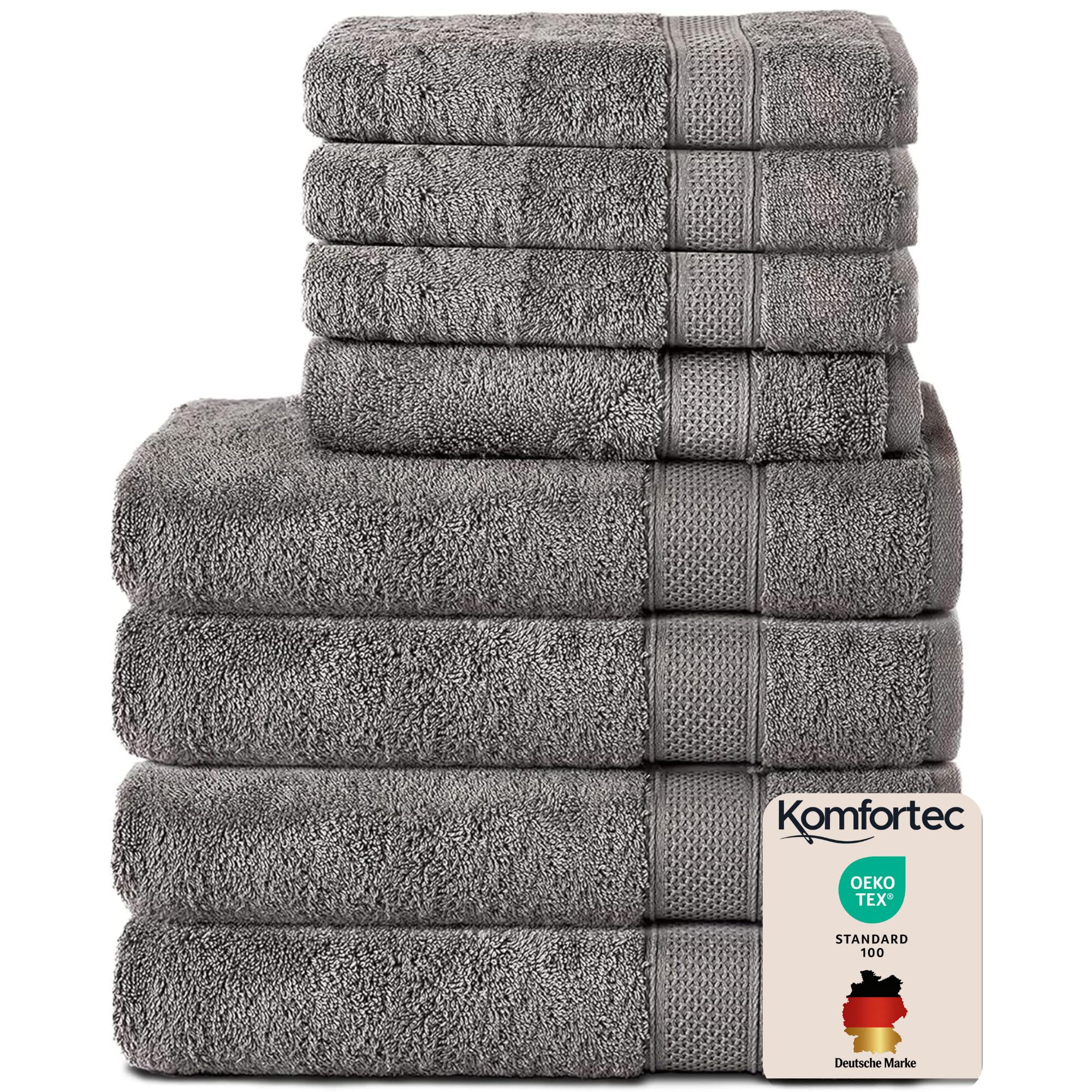 Set 8 prosoape Komfortec, 4 prosoape de baie 70x140 cm și 4 prosoape de mâini 50x100 cm, frotir 100% bumbac, pufos și absorbant, gri antracit - 4er-50x100-und-4er-70x140-anthrazit-amz