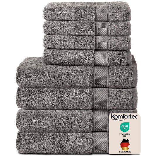 Set 8 prosoape Komfortec, 4 prosoape de baie 70x140 cm și 4 prosoape de mâini 50x100 cm, frotir 100% bumbac, pufos și absorbant, gri antracit - 4er-50x100-und-4er-70x140-anthrazit-amz