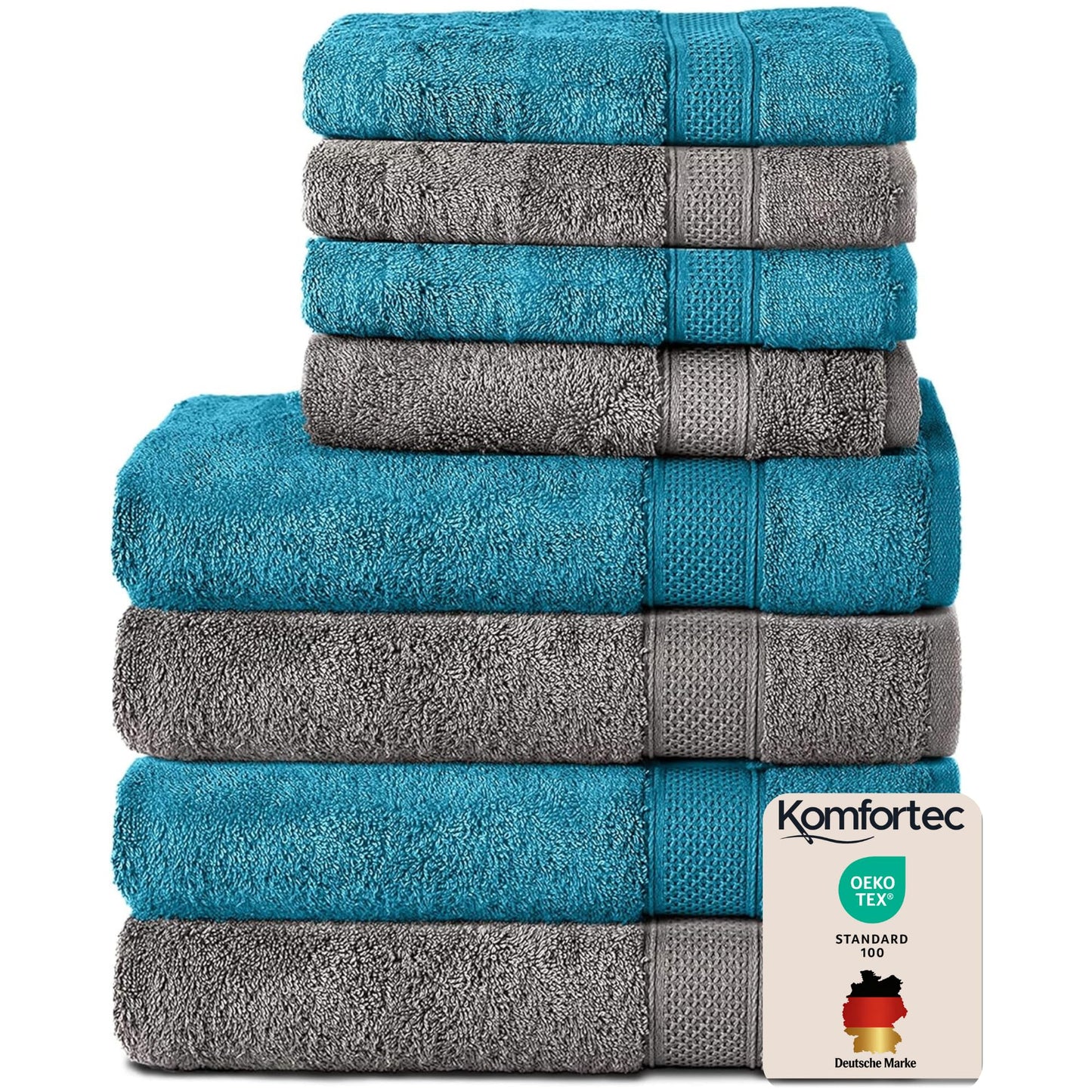 Komfortec set of 8 towels, 4 bath towels 70x140 cm & 4 hand towels 50x100 cm, 100% cotton terry cloth, fluffy and absorbent, anthracite/turquoise - 4er-50x100-und-4er-70x140-anth-turkis