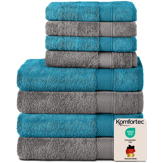 Set 8 prosoape Komfortec, 4 prosoape de baie 70x140 cm și 4 prosoape de mâini 50x100 cm, din frotir 100% bumbac, pufoase și absorbante, antracit/turcoaz - 4er-50x100-und-4er-70x140-anth-turkis
