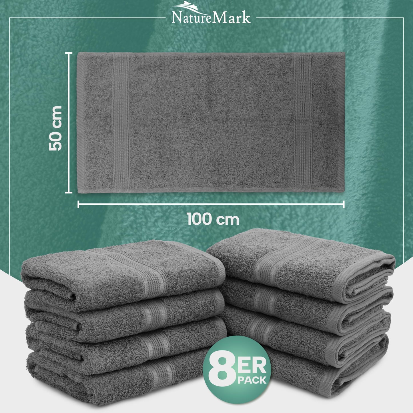 NatureMark 8 towel set - 100% cotton - absorbent and durable towels, size 50×100cm, anthracite gray - NM-HT0842