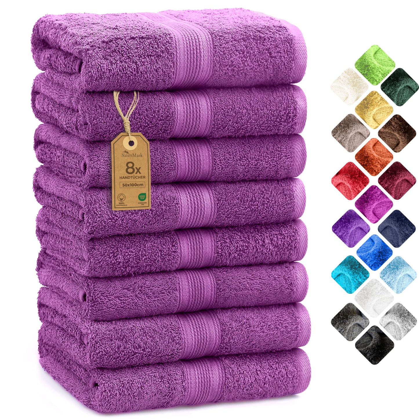 NatureMark 8 towel set - 100% cotton - absorbent and durable towels, size 50×100cm, purple - NM-HT0847