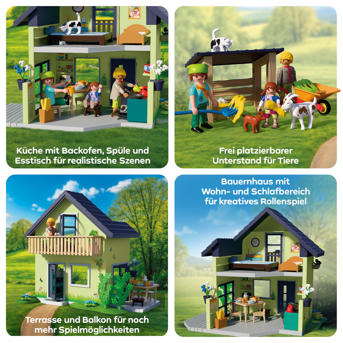PLAYMOBIL | Țară | Casă de fermă | Casă cu balcon, bucătărie, paturi, animale și accesorii variate | Pentru copii de la 4 ani | 72162