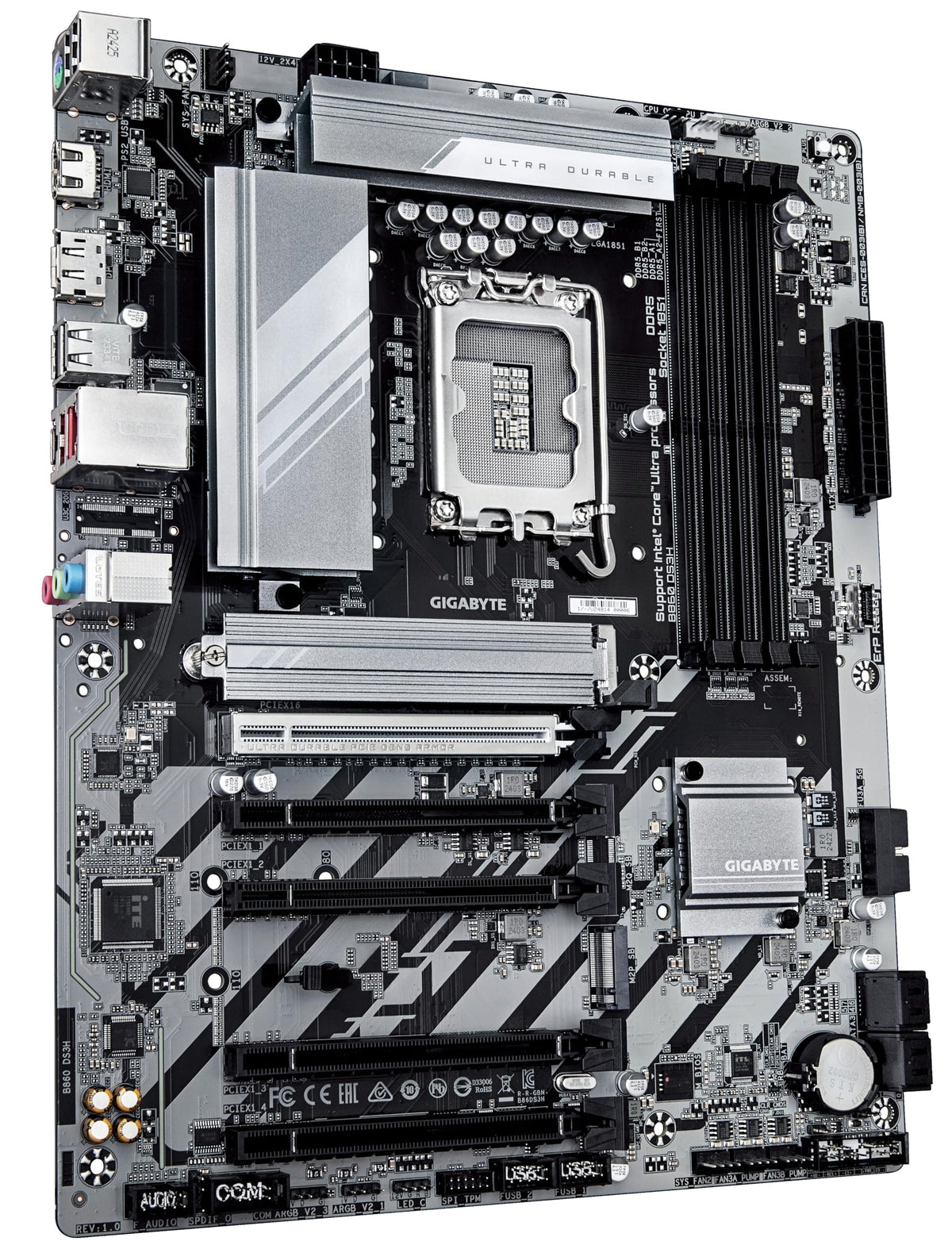 Placa de bază GIGABYTE B860 DS3H - procesoare Intel Core Ultra, VRM cu 8+1+2+2 faze, suport pentru DDR5 de până la 9066MHz, 1xPCIe 5.0 + 1xPCIe 4.0 M.2, LAN 2,5 GbE, USB 3.2 Gen 2x2