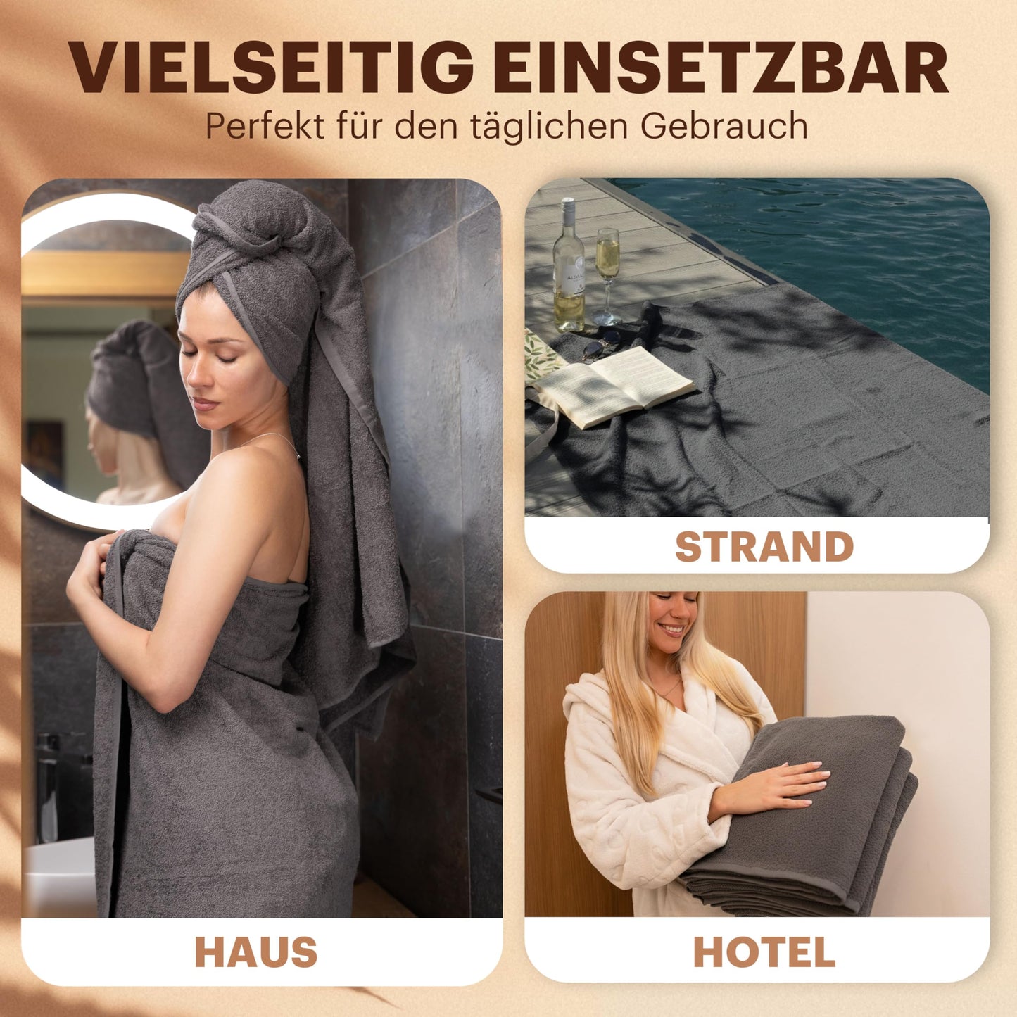 NatureMark 4-piece shower towel set - soft and absorbent shower towels made from 100% cotton, suitable for everyday use - anthracite gray, 70x140cm - NM-HT0722