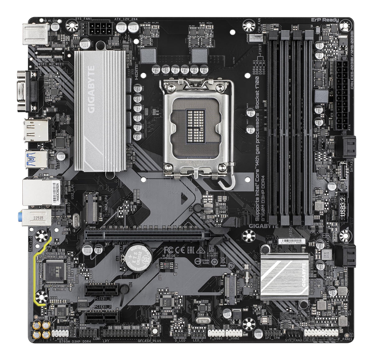 Placa de bază GIGABYTE B760M D3HP DDR4 - Suportă procesoare Intel Core de generația a 14-a, VRM digital 4+1+1, până la 5333MHz DDR4 (OC), 2xPCIe 4.0 M.2, GbE LAN, USB 3.2 Gen1