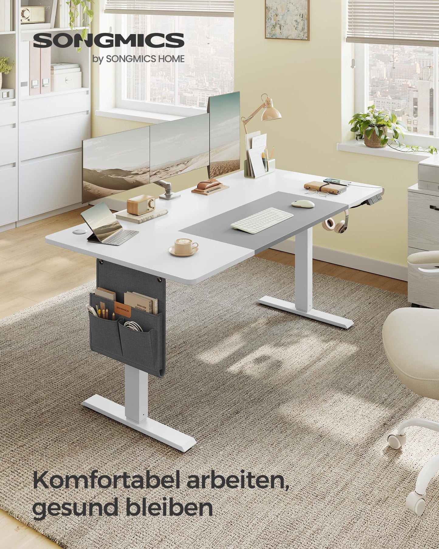 SONGMICS Electric height-adjustable desk, 160 x 70 cm, continuously adjustable, memory function with 4 heights, cloud white-dove gray LSD026W02